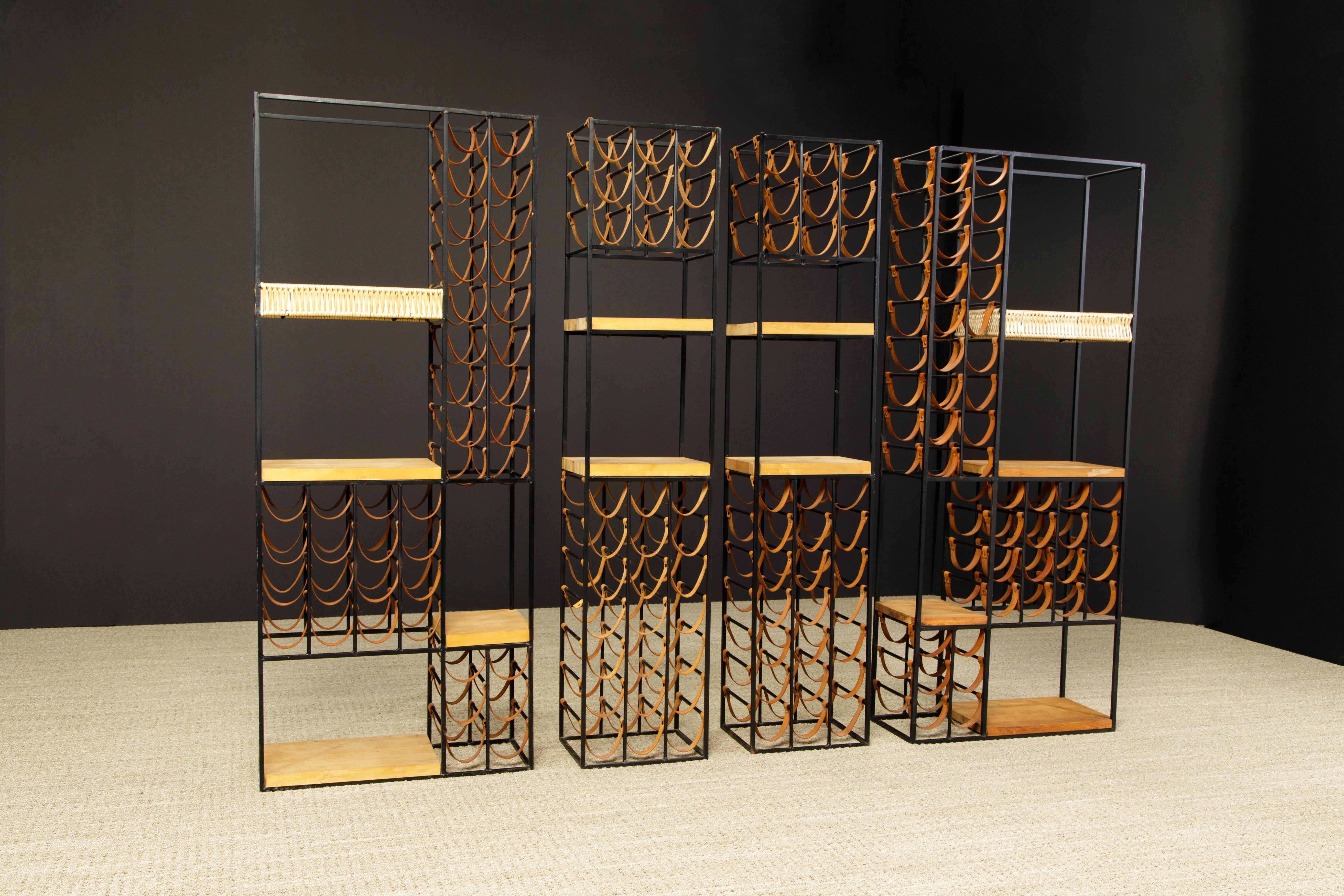 American Arthur Umanoff Iron Room Dividers w 140 Leather Wine Bottle Holders, 1950s For Sale