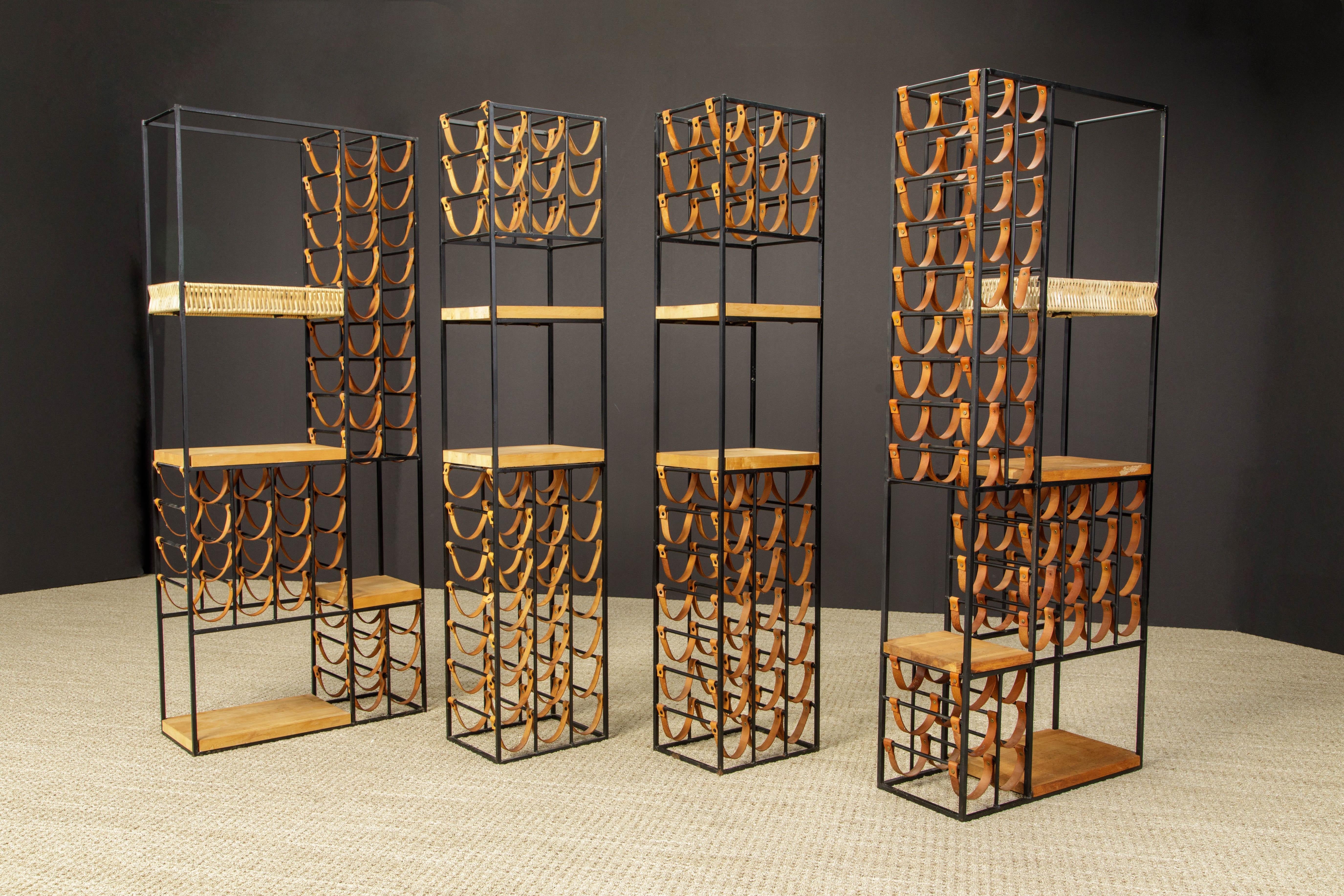 Arthur Umanoff Iron Room Dividers w 140 Leather Wine Bottle Holders, 1950s In Good Condition For Sale In Los Angeles, CA