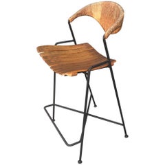 Arthur Umanoff Iron Wood Wicker Counter Bar Stool 1950s Mid-Century Modern