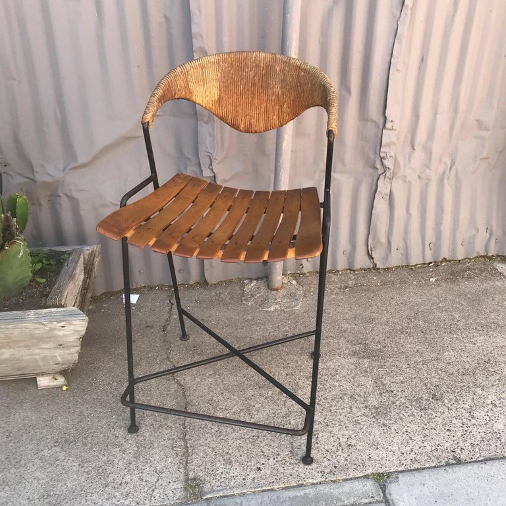 Arthur Umanoff Iron Wood Wicker Counter Bar Stool 1950s Mid-Century Modern In Good Condition In Chula Vista, CA