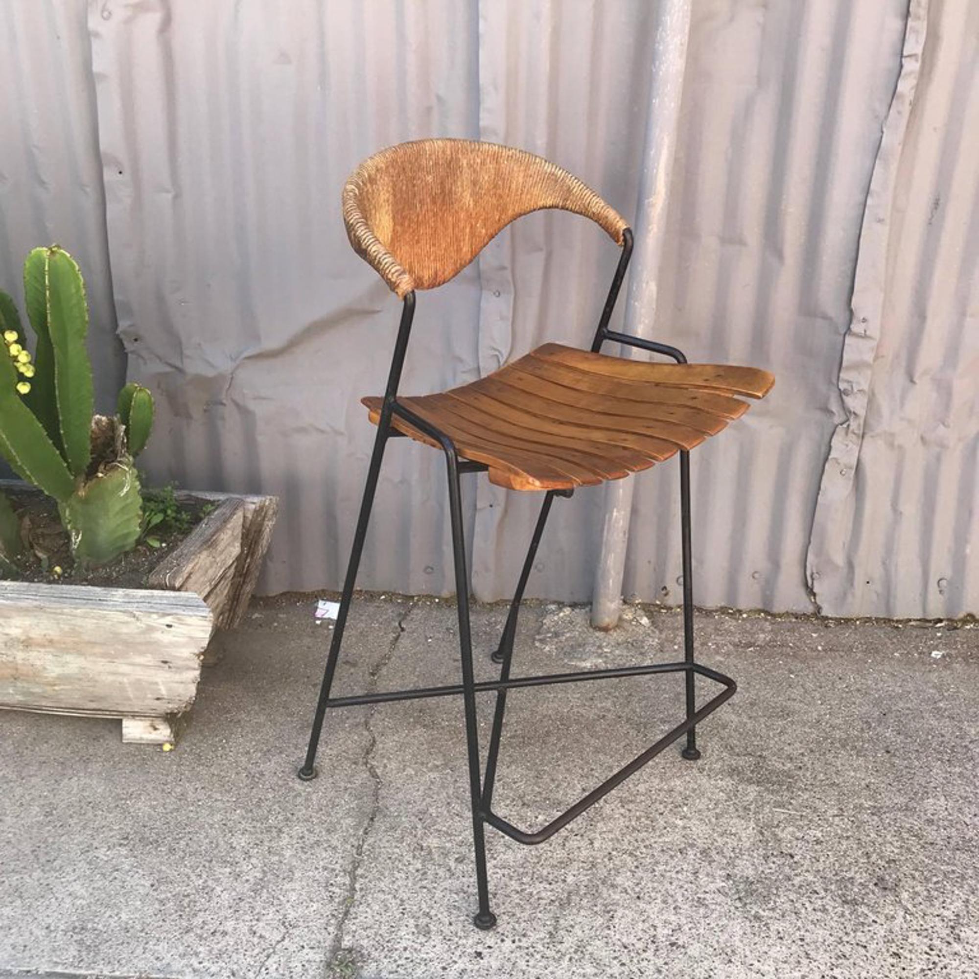 Arthur Umanoff Iron Wood Wicker Counter Bar Stool 1950s Mid-Century Modern 4