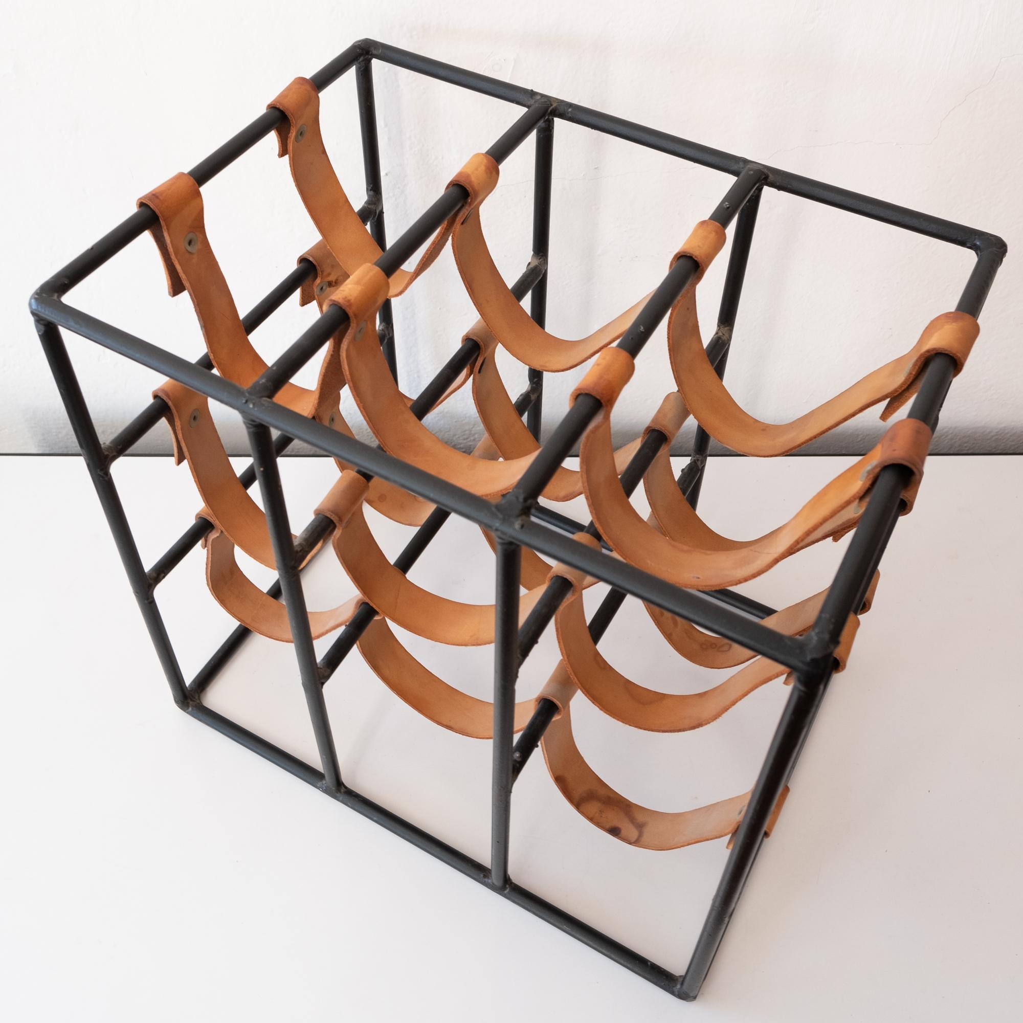 Arthur Umanoff Leather and Iron Wine Rack In Good Condition In San Diego, CA