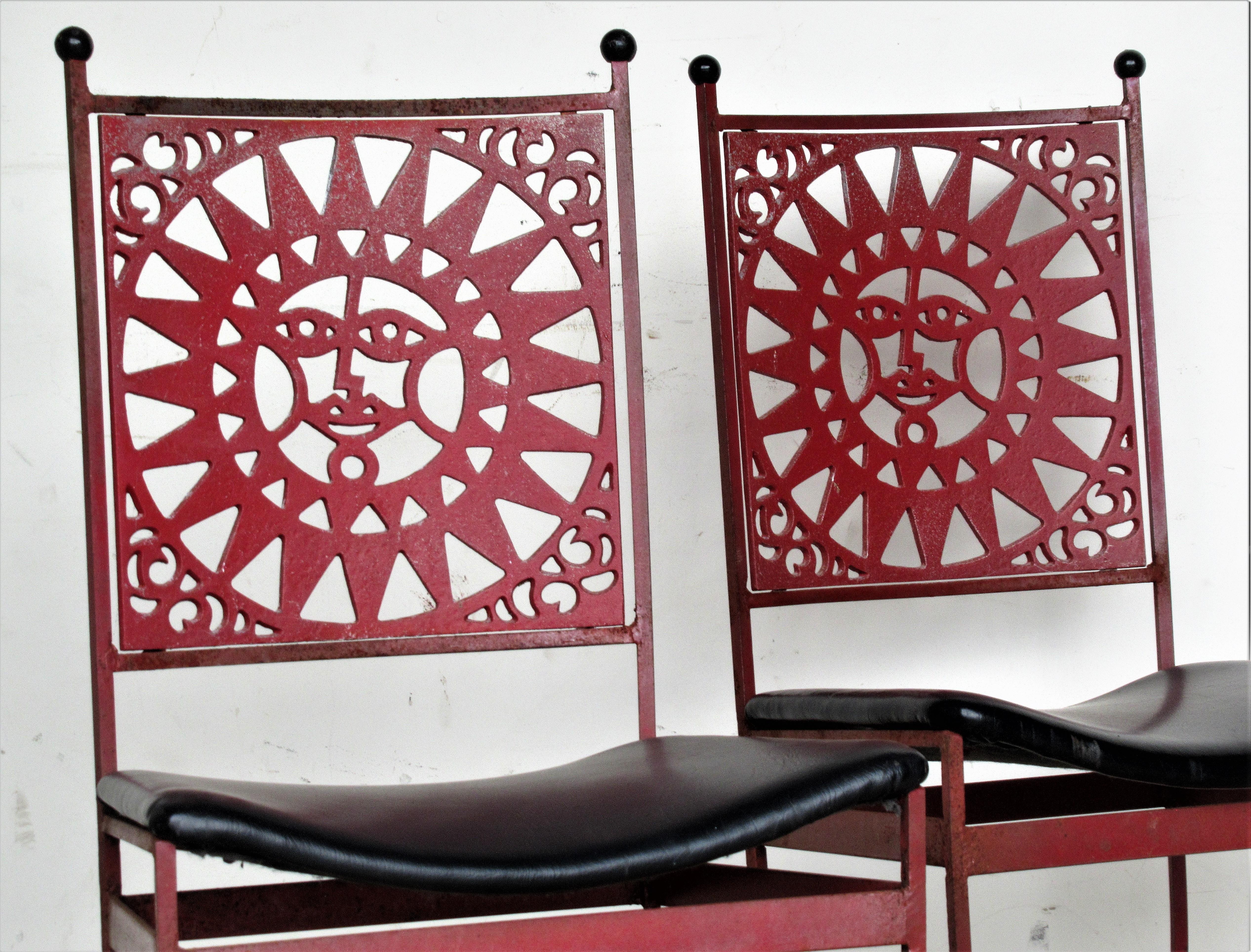 Faux Leather Arthur Umanoff Mayan Sun Design Iron Chairs 