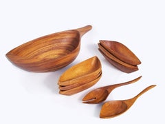 Arthur Umanoff Midcentury Carved Wood Salad Set, Bowls and Serving Utensils