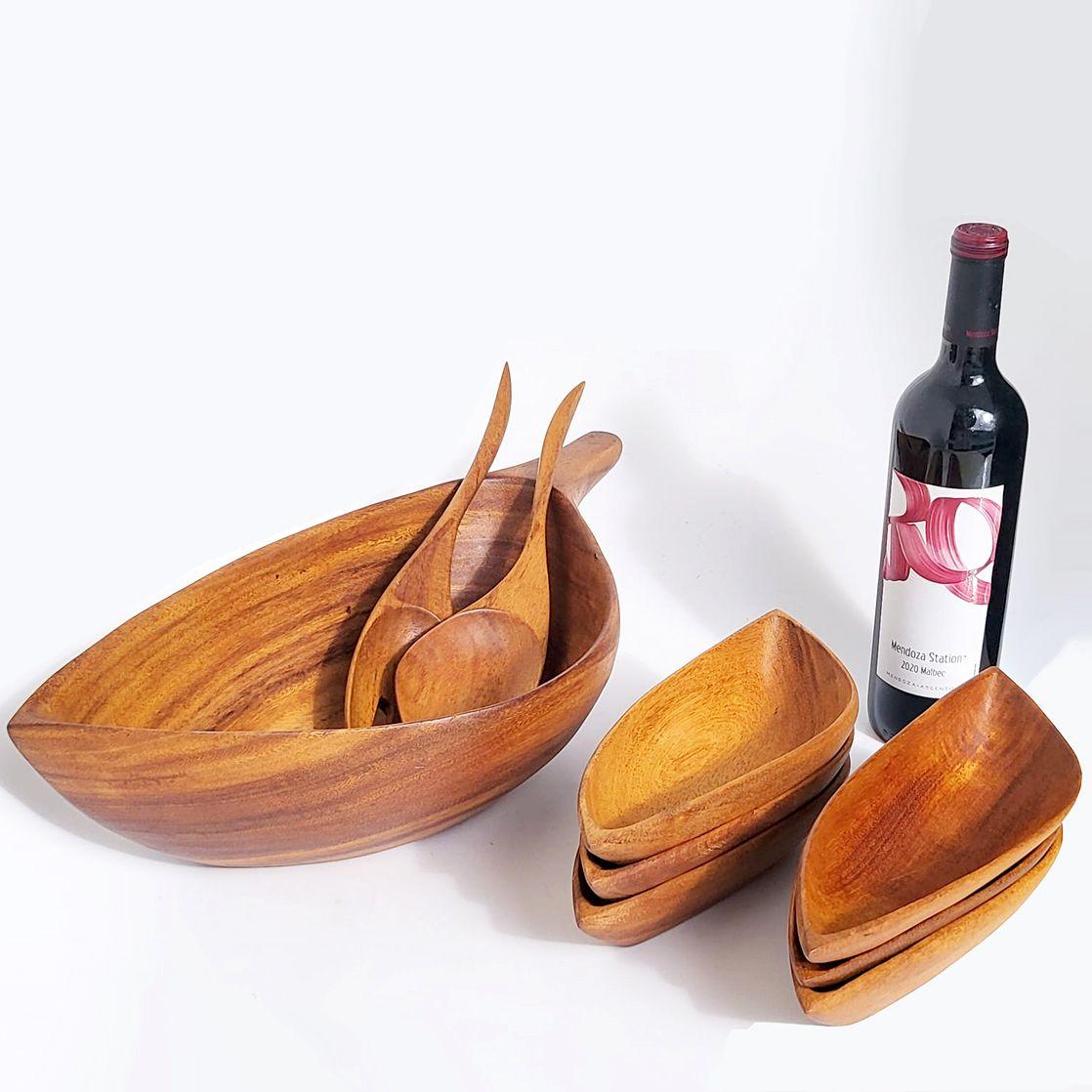 Organic Modern Arthur Umanoff Midcentury Carved Wood Salad Set, Bowls and Serving Utensils For Sale