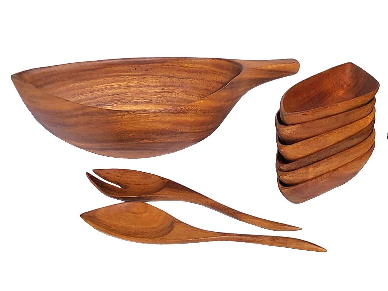 Arthur Umanoff Midcentury Carved Wood Salad Set, Bowls and Serving Utensils For Sale 1