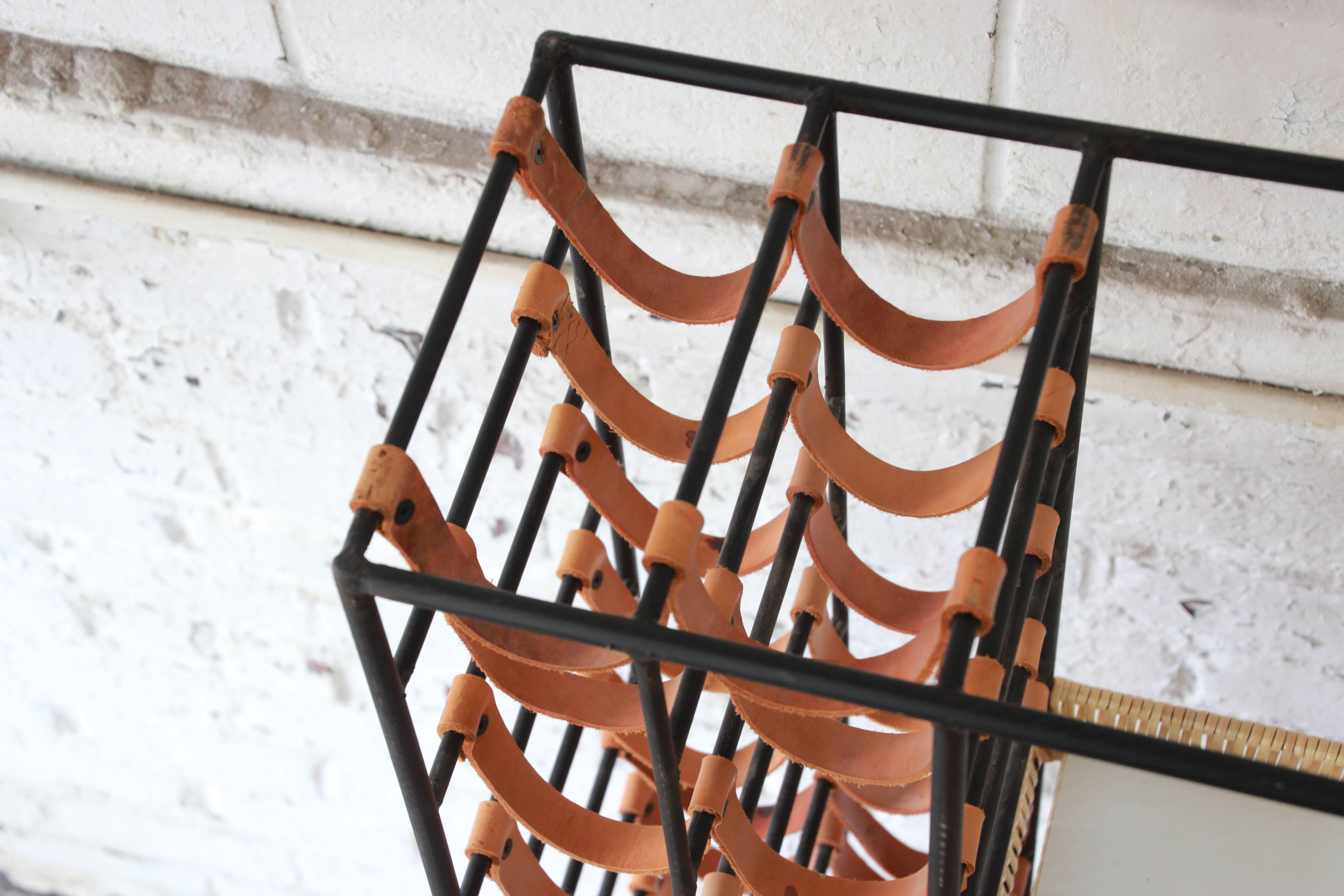 Arthur Umanoff Mid-Century Modern Leather and Iron 40-Bottle Wine Rack In Good Condition In South Bend, IN