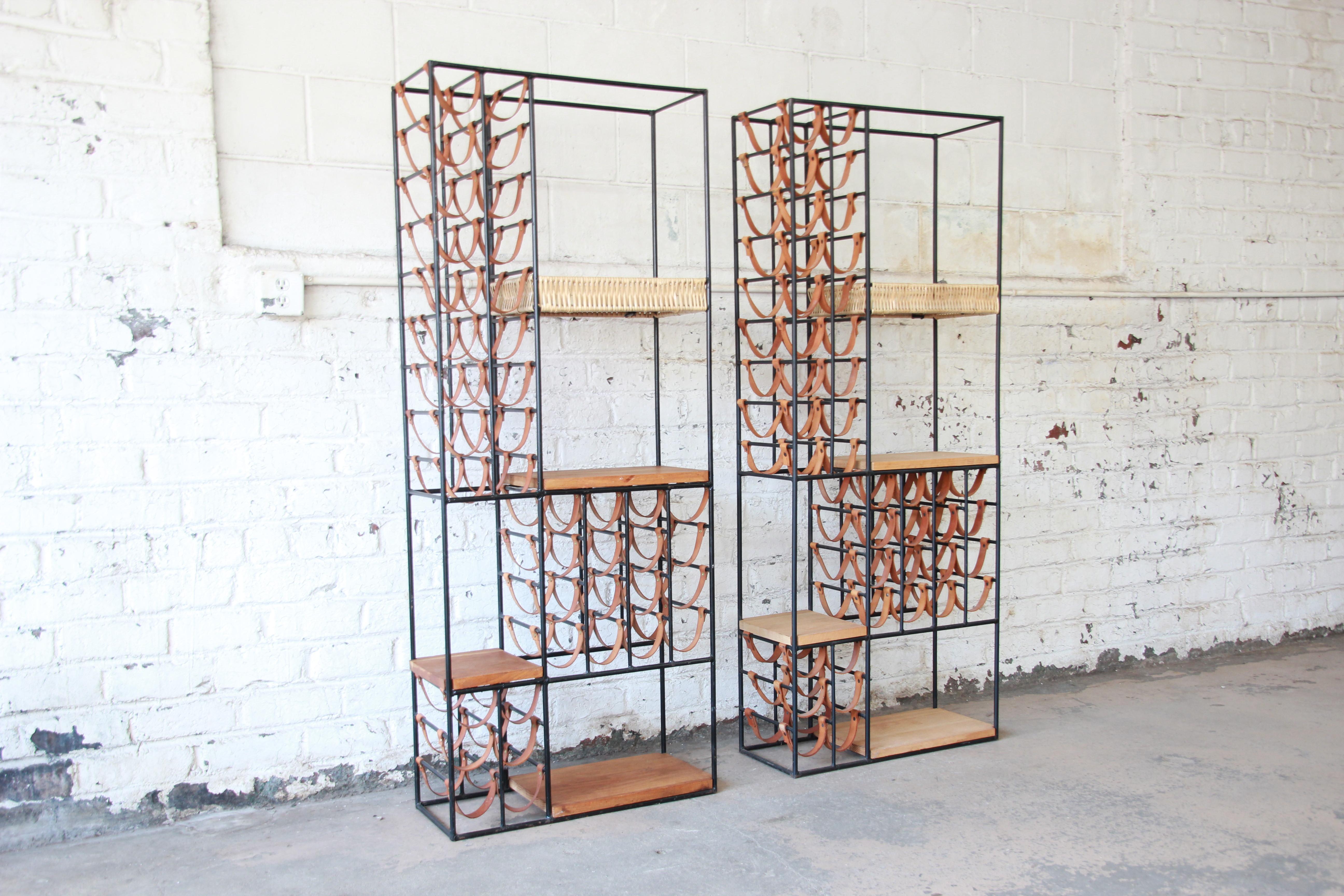 American Arthur Umanoff Mid-Century Modern Leather and Iron 40-Bottle Wine Racks, Pair