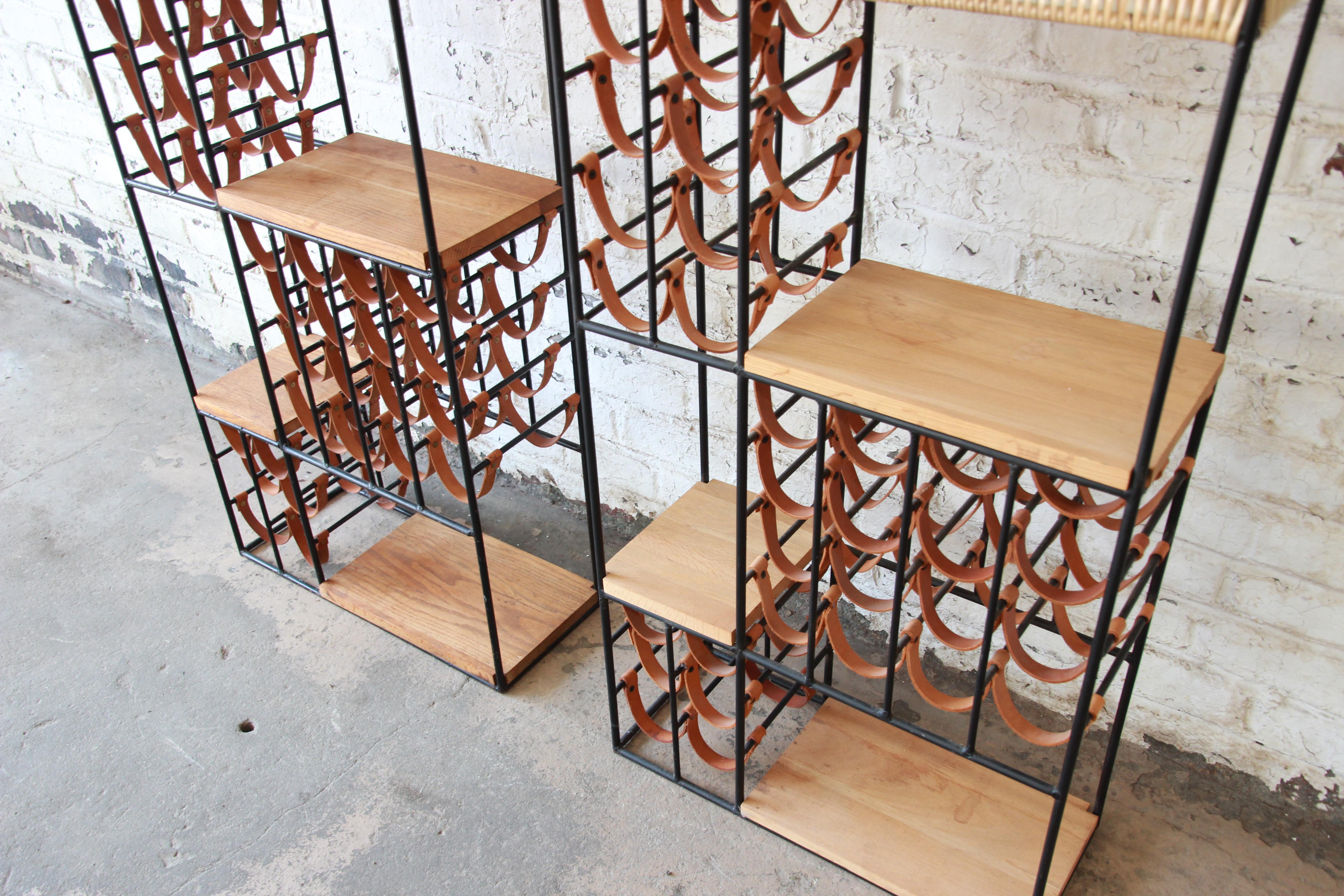 Arthur Umanoff Mid-Century Modern Leather and Iron 40-Bottle Wine Racks, Pair In Good Condition In South Bend, IN