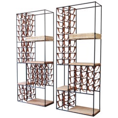 Arthur Umanoff Mid-Century Modern Leather and Iron 40-Bottle Wine Racks, Pair