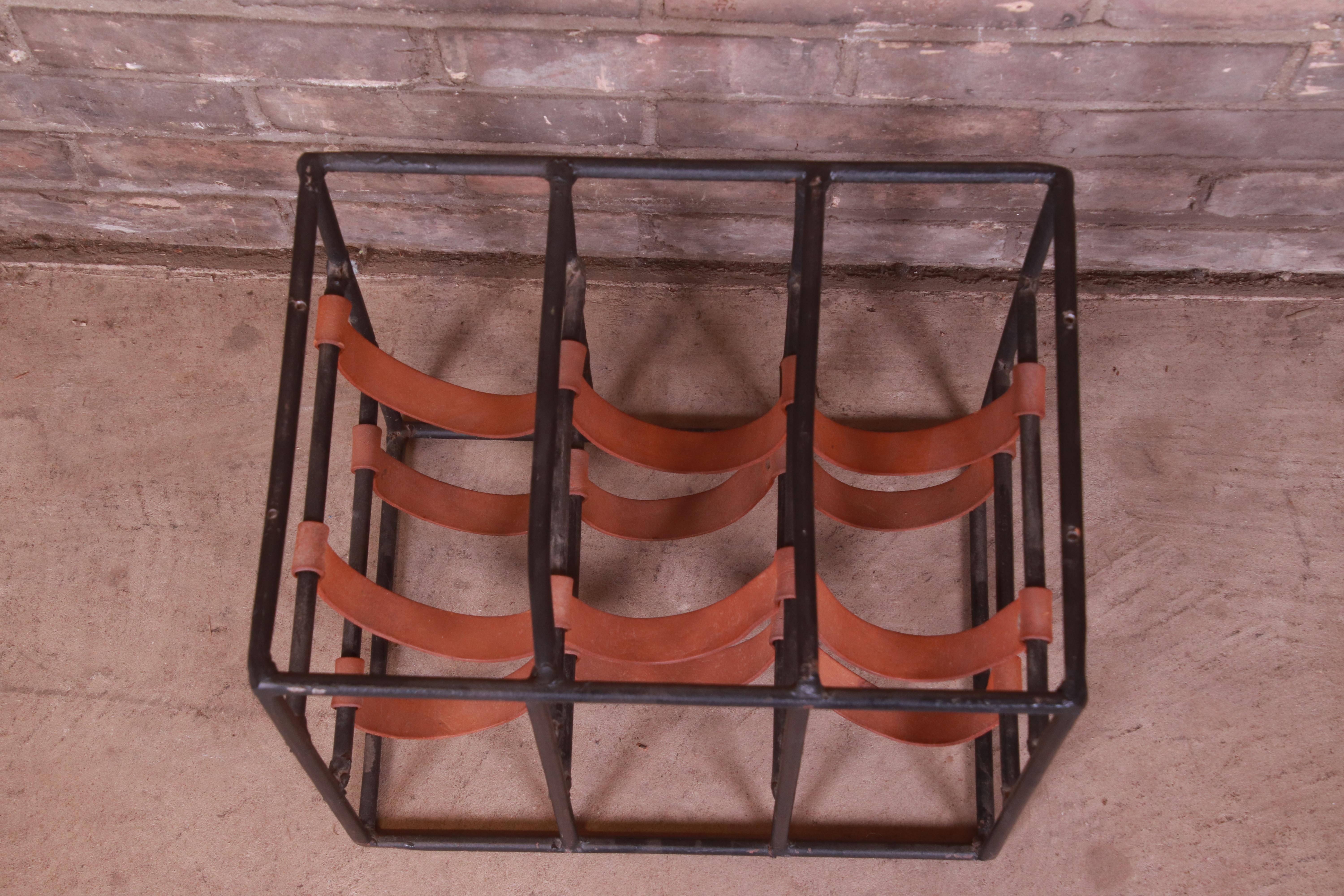 American Arthur Umanoff Mid-Century Modern Wrought Iron and Leather Table Top Wine Rack