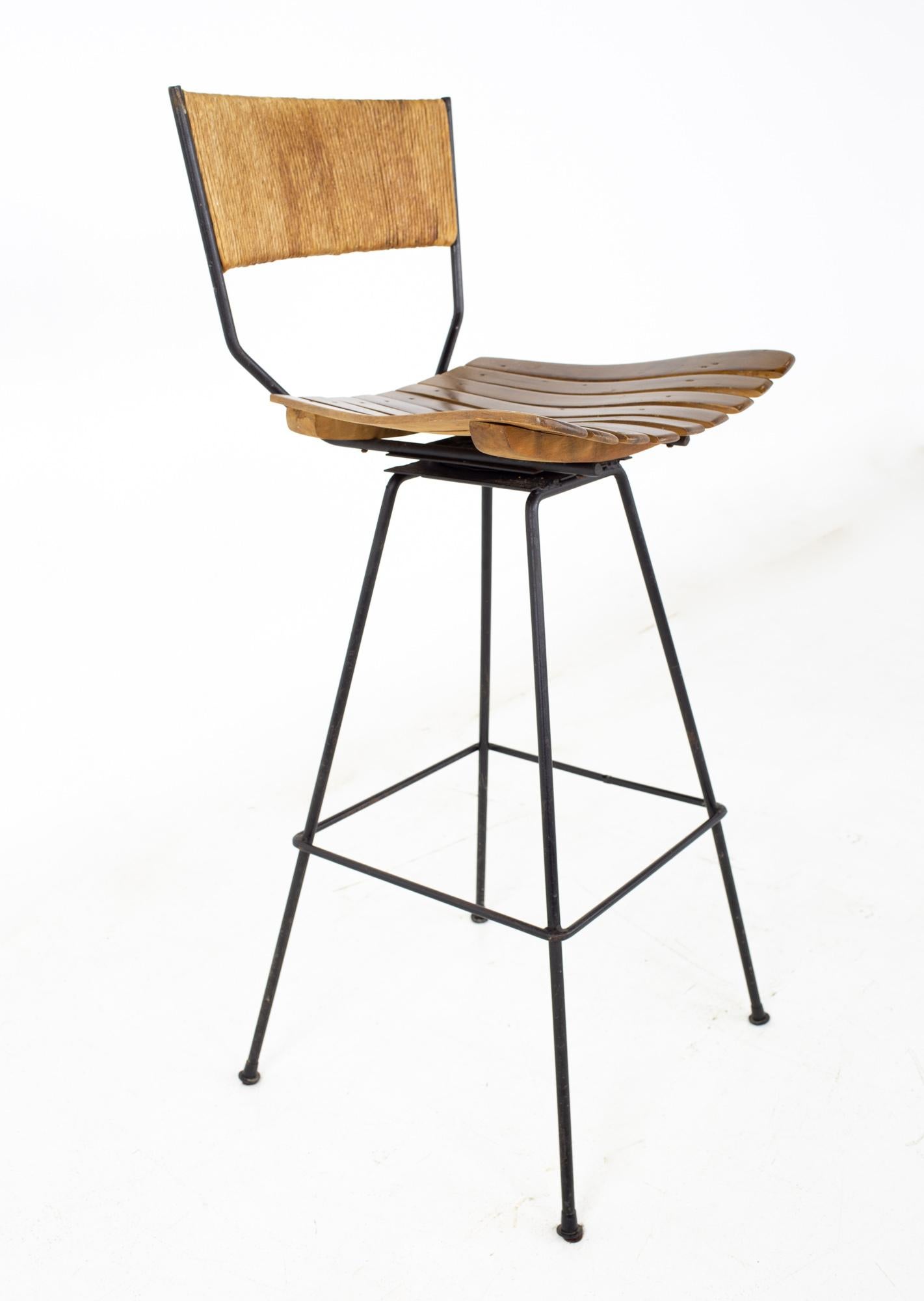 Late 20th Century Arthur Umanoff Mid Century Roped Wood and Iron Bar Stools, a Pair