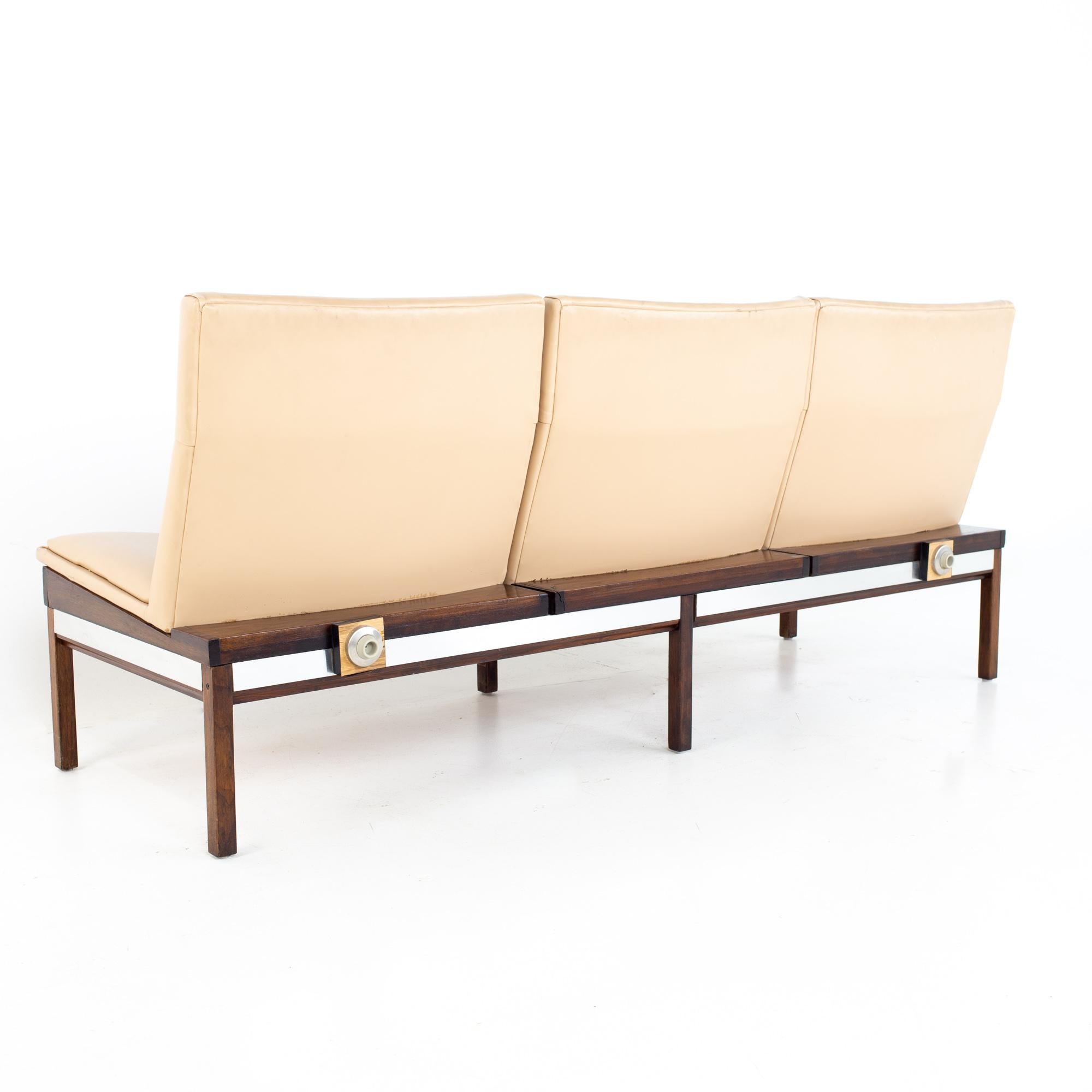 Arthur Umanoff Mid Century Walnut and Stainless Three Seat Sofa Bench 3