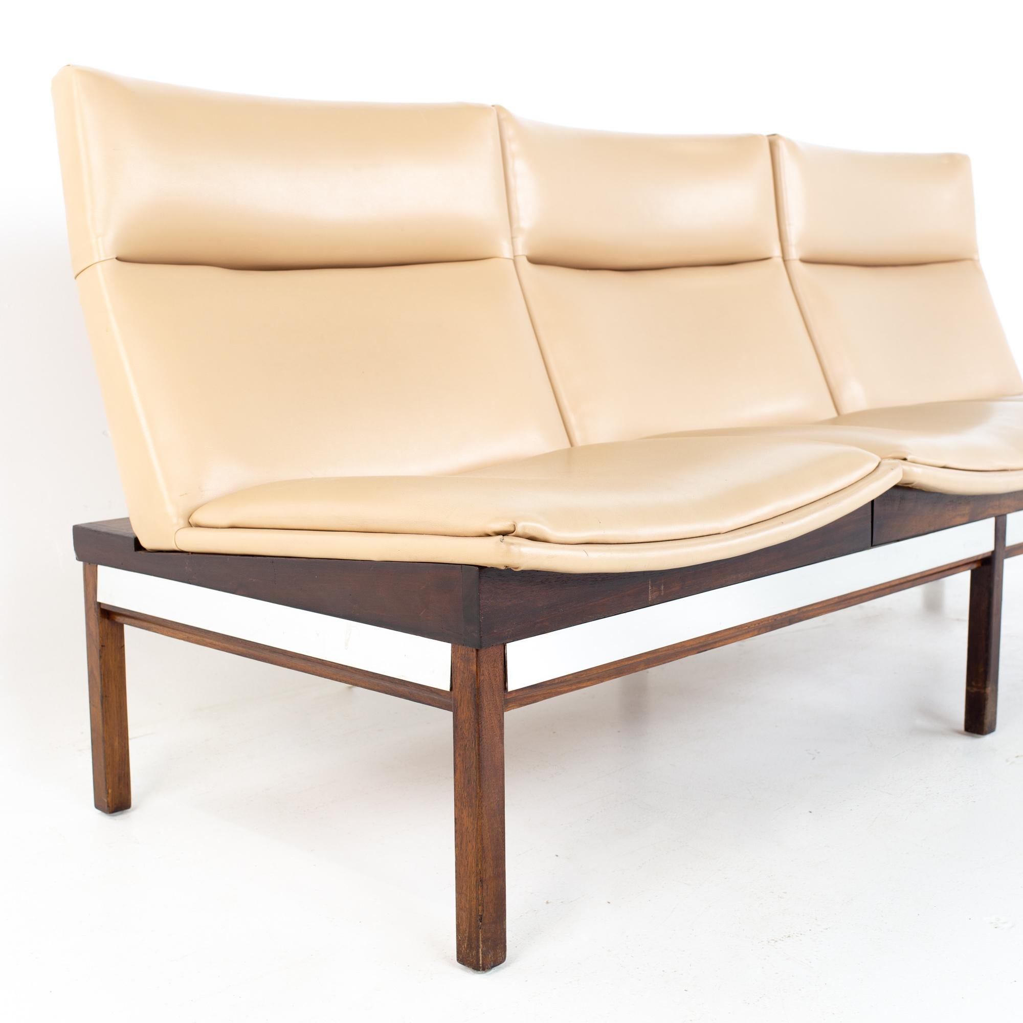 American Arthur Umanoff Mid Century Walnut and Stainless Three Seat Sofa Bench
