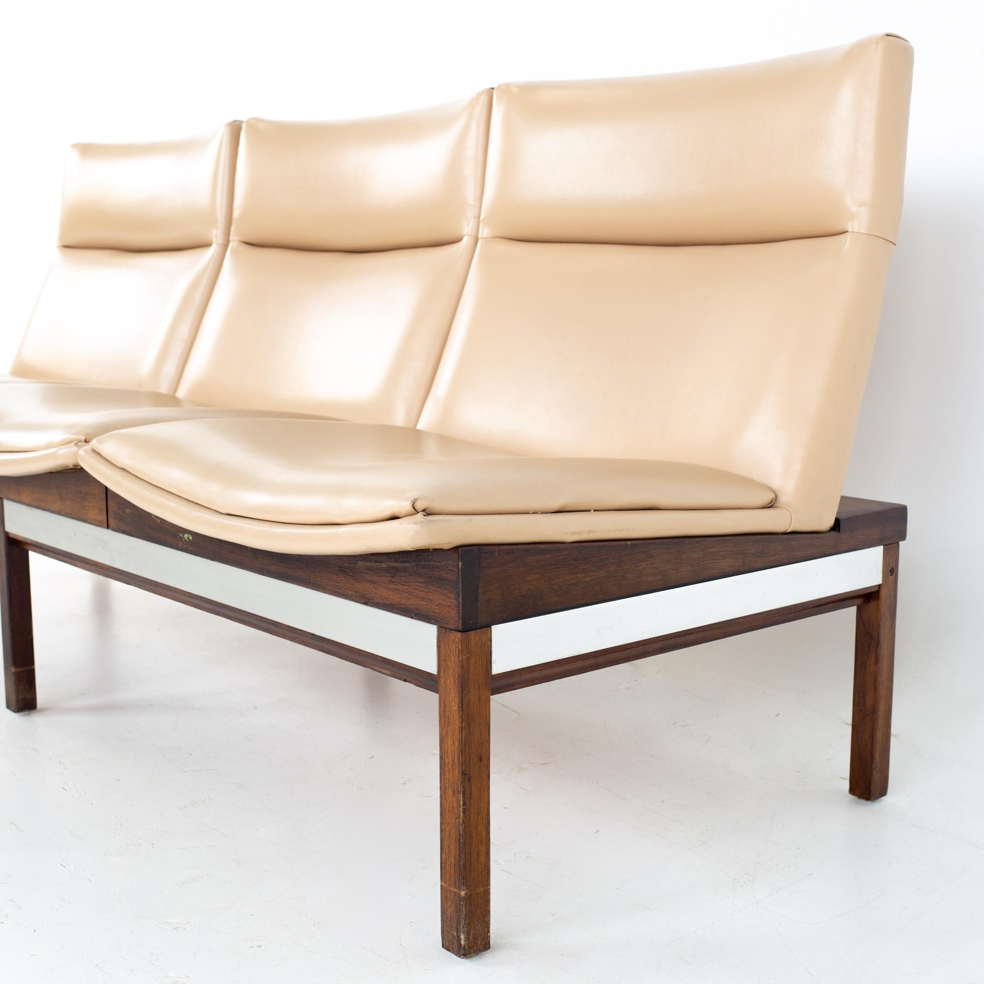 Arthur Umanoff Mid Century Walnut and Stainless Three Seat Sofa Bench In Good Condition In Countryside, IL