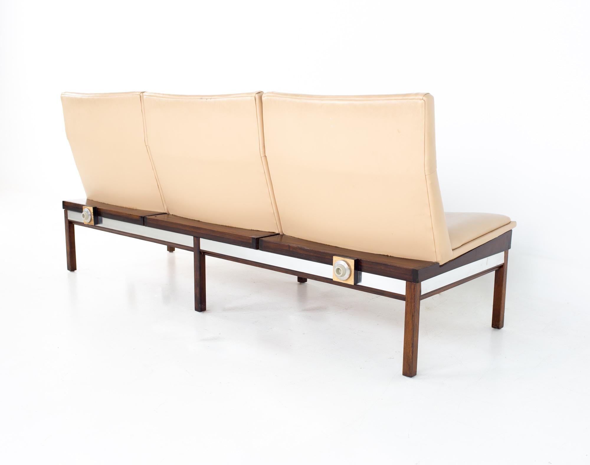Arthur Umanoff Mid Century Walnut and Stainless Three Seat Sofa Bench 2