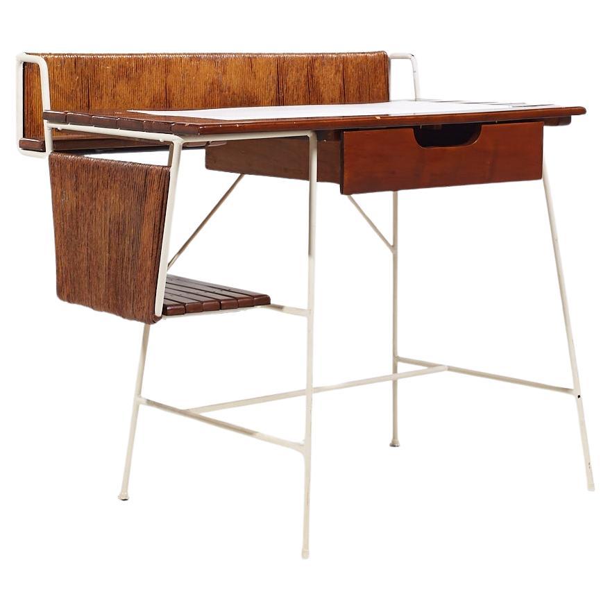 Arthur Umanoff Mid Century Wrought Iron and Rush Desk For Sale