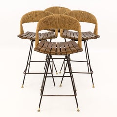 Arthur Umanoff Mid Century Tiki Iron Bar Stools, Set of 4