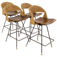 Vintage Arthur Umanoff Mid Century Tiki Iron Bar Stools, Set of 4