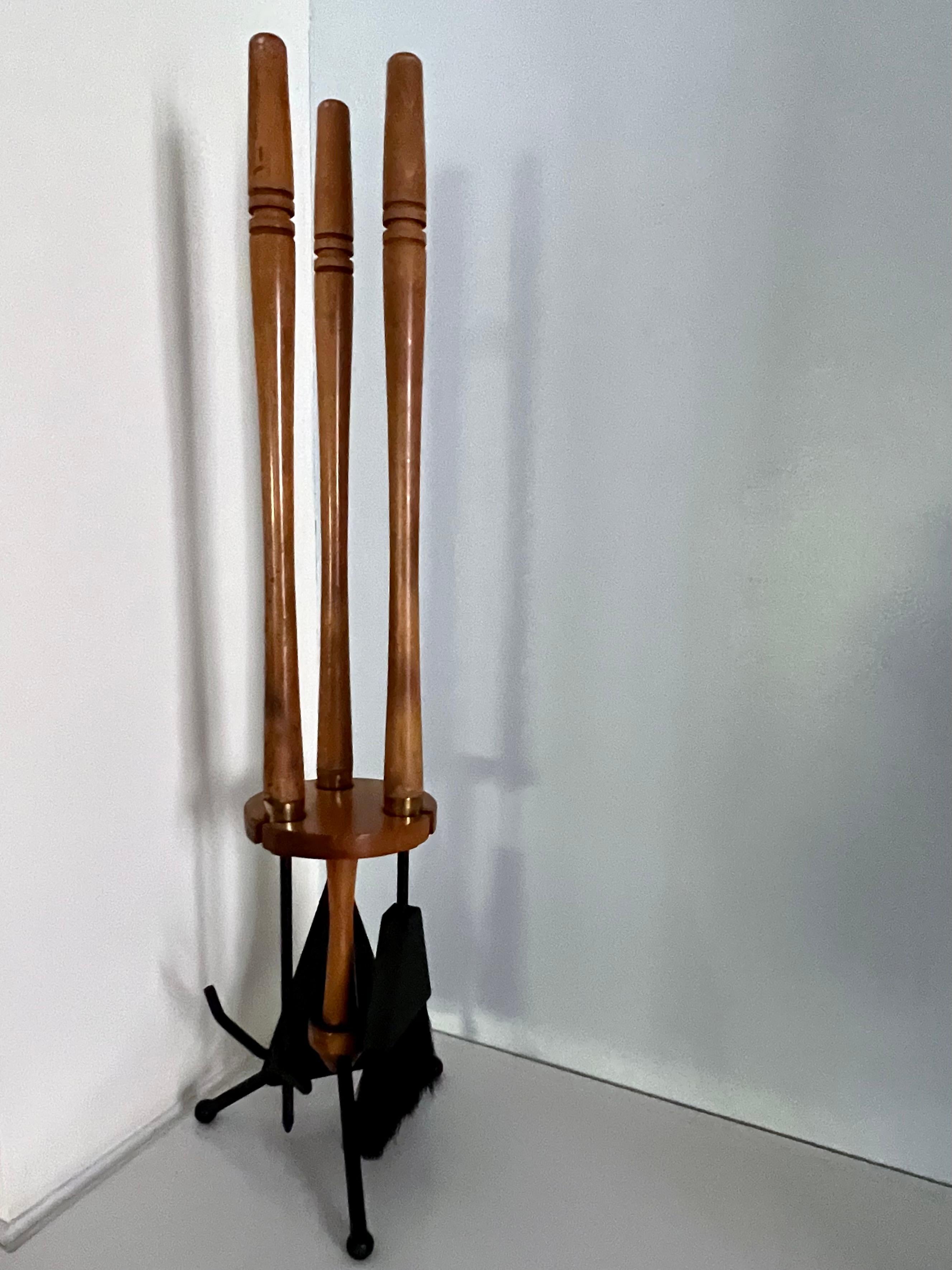 20th Century Arthur Umanoff Modernist Wooden Fireplace Tools in Wooden Stand For Sale