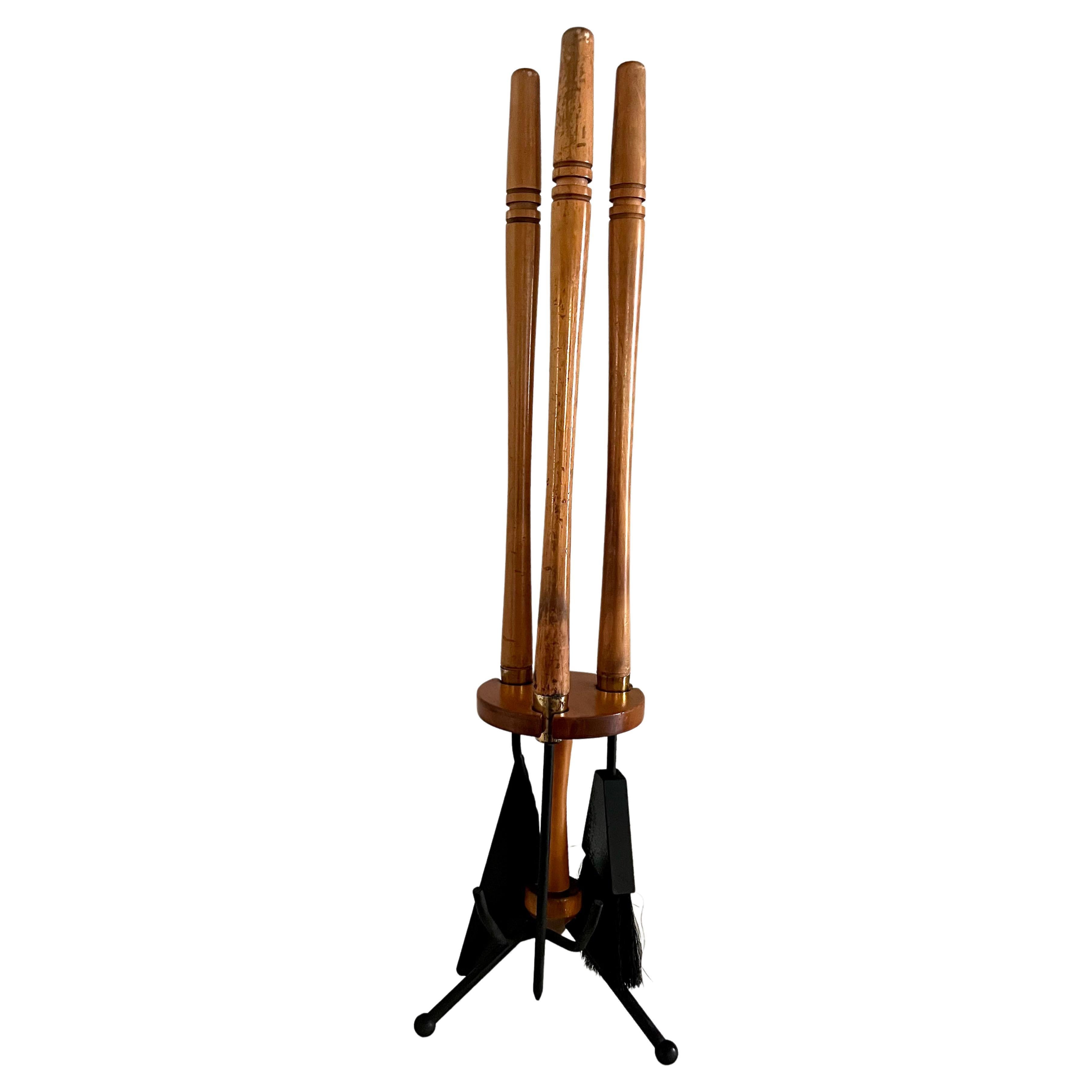 Arthur Umanoff Modernist Wooden Fireplace Tools in Wooden Stand For Sale