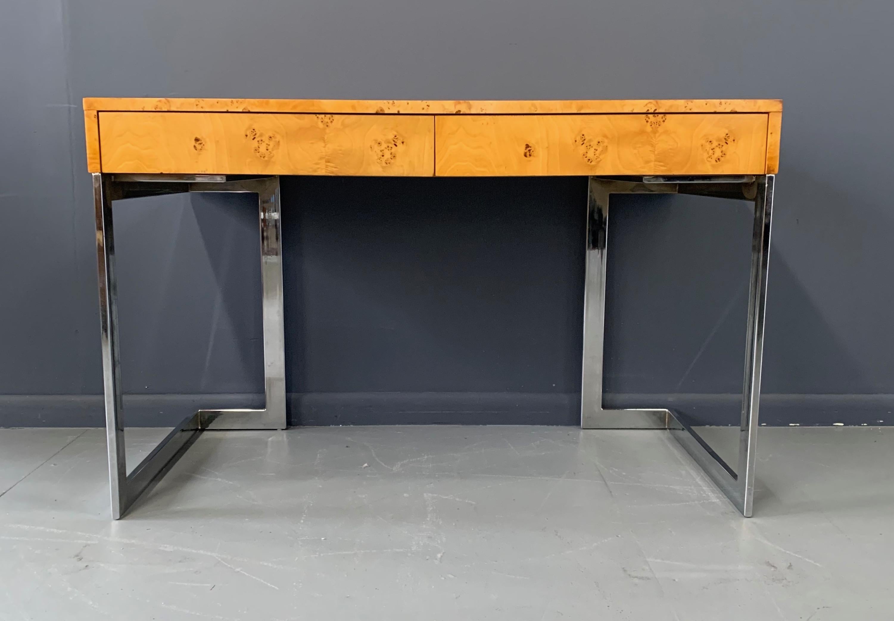North American Arthur Umanoff Olivewood and Chrome Midcentury Desk with Two Hidden Drawers