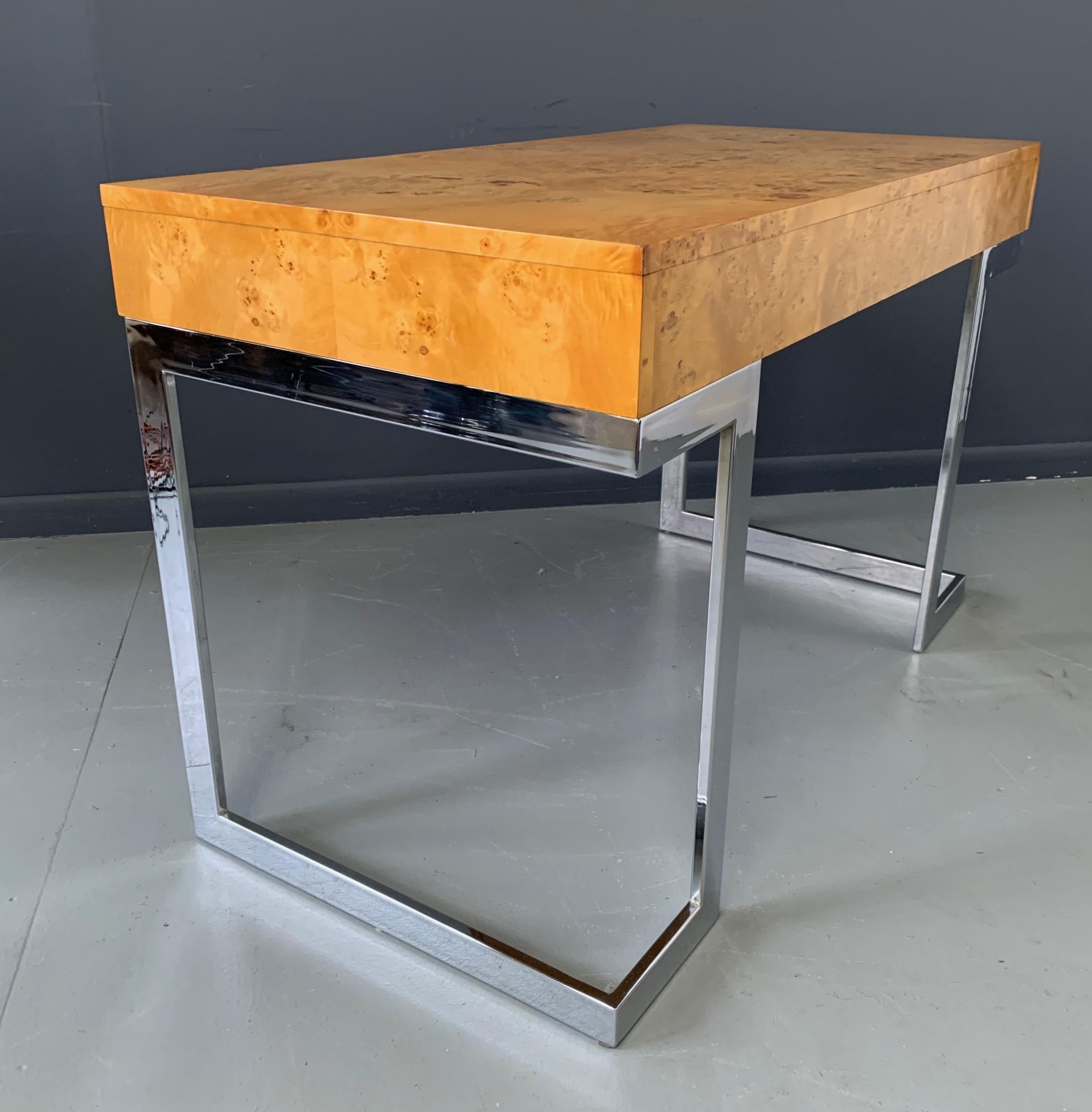 Burl Arthur Umanoff Olivewood and Chrome Midcentury Desk with Two Hidden Drawers