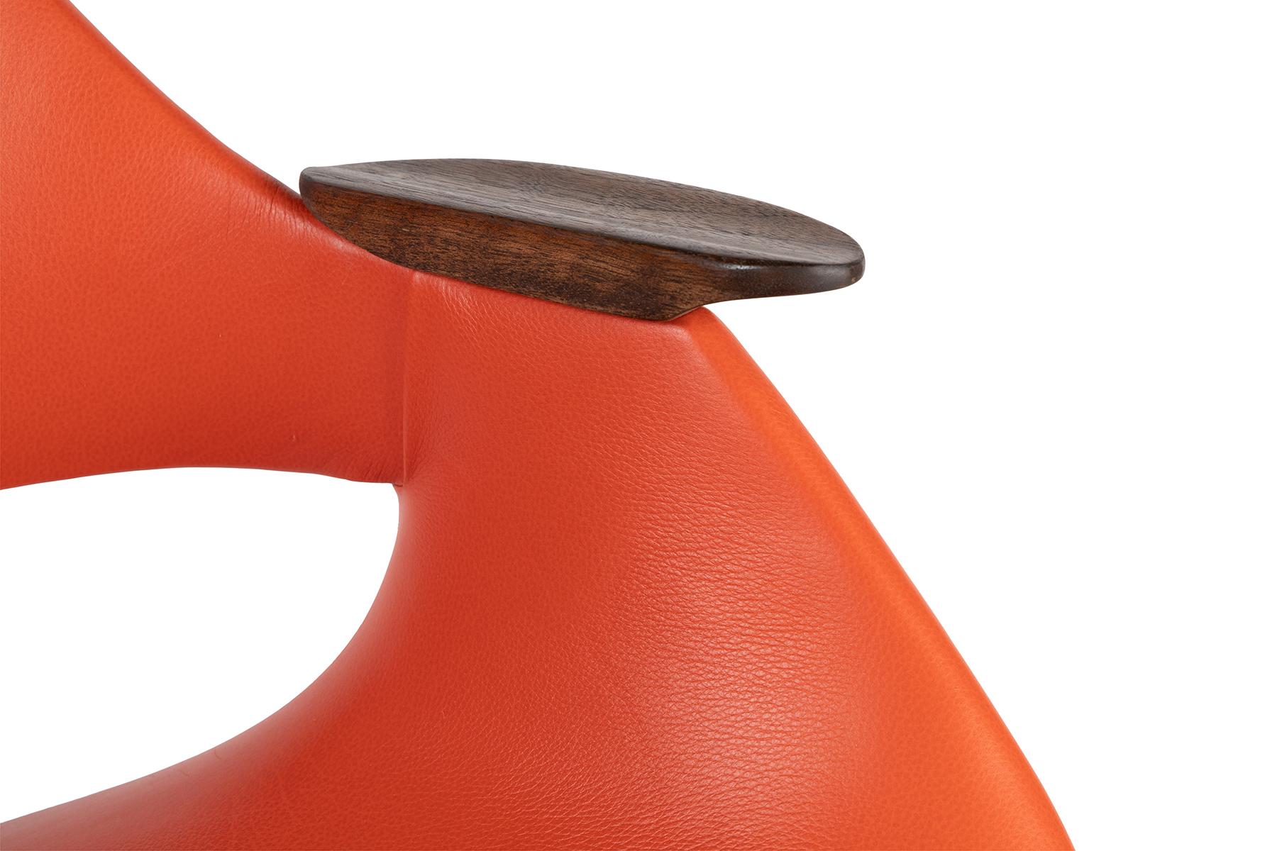 American Arthur Umanoff Orange Leather, Walnut and Steel Office Chair