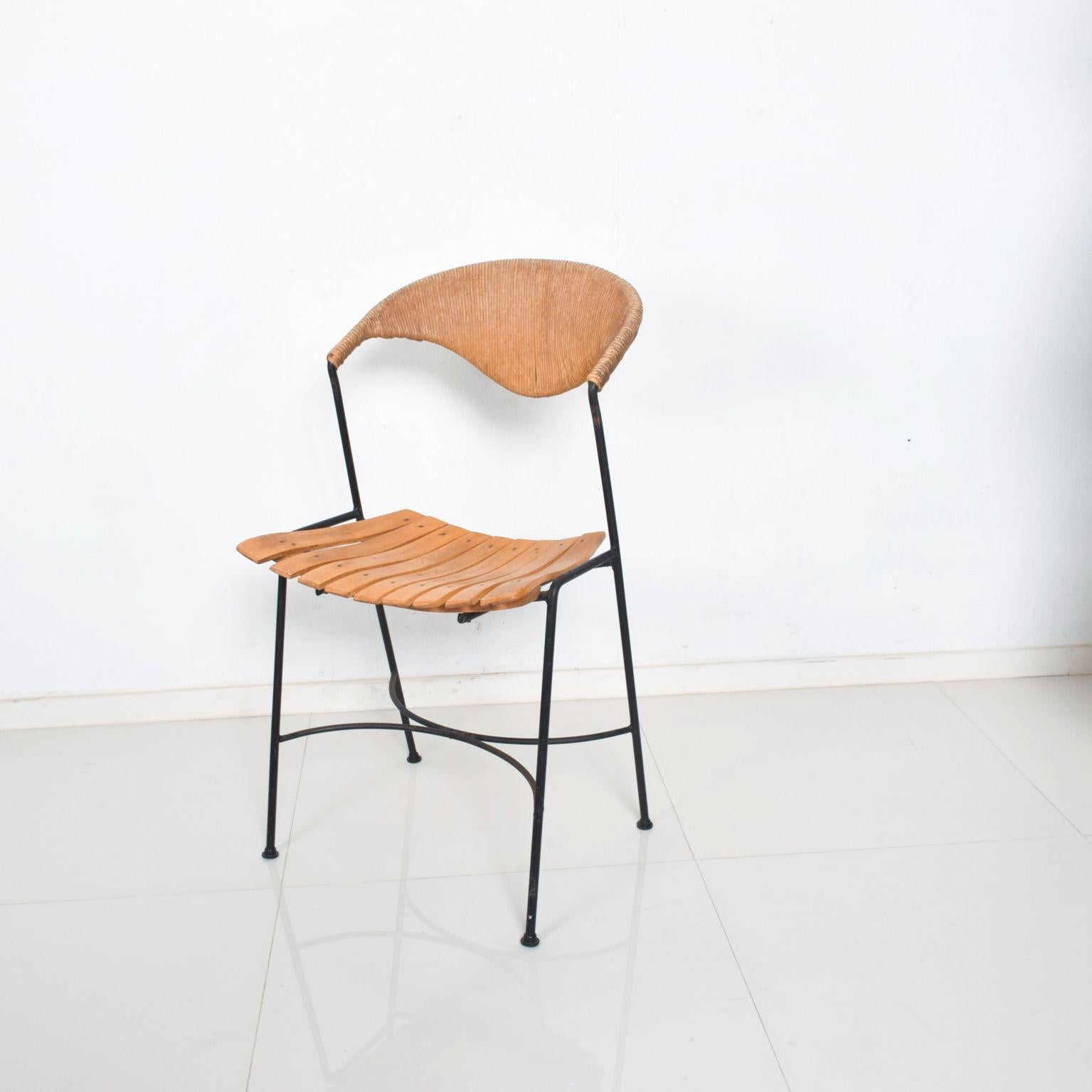 Arthur Umanoff Pair of Wood Slat Wrought Iron Dining Chairs, 1950s 4