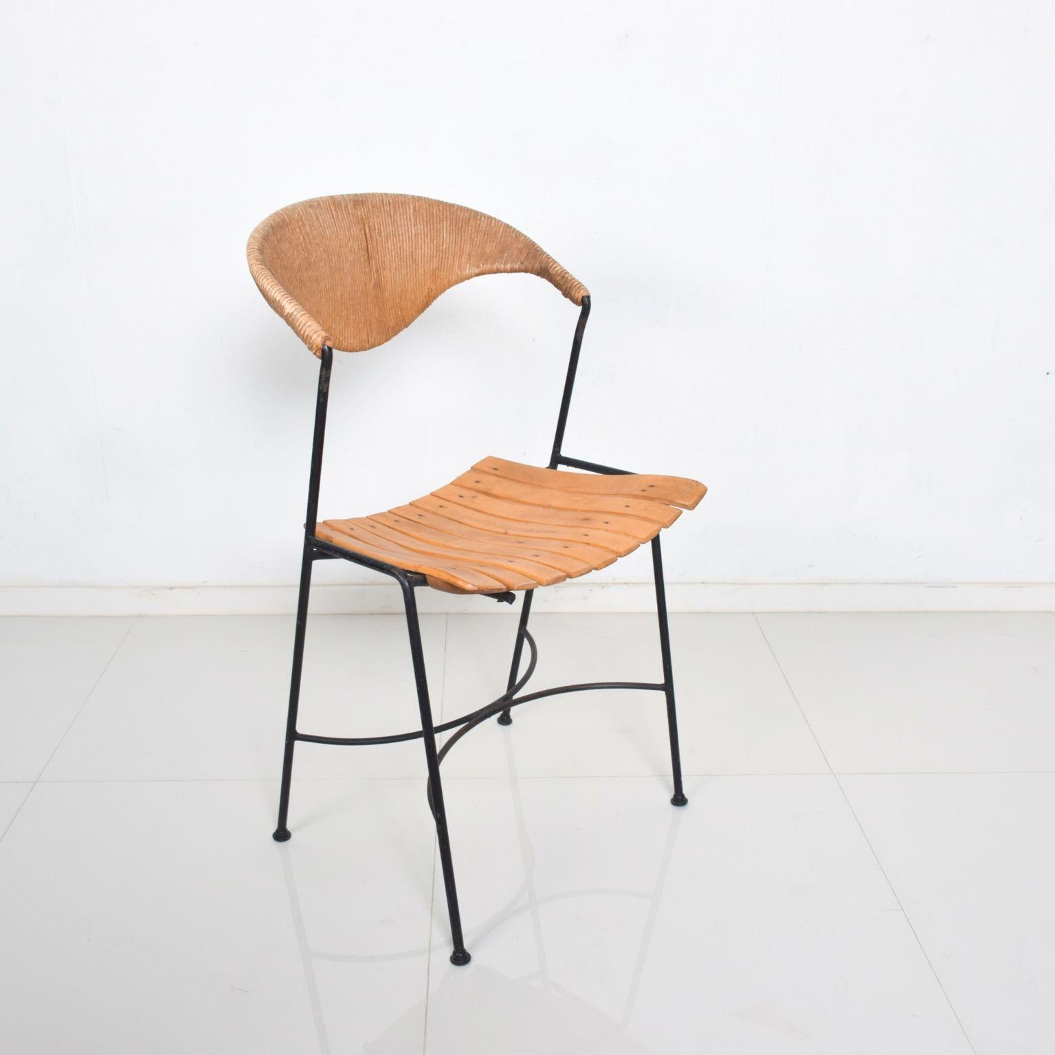 Mid-20th Century Arthur Umanoff Pair of Wood Slat Wrought Iron Dining Chairs, 1950s