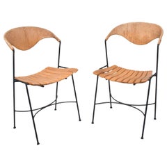 Vintage Arthur Umanoff Pair of Wood Slat Wrought Iron Dining Chairs, 1950s