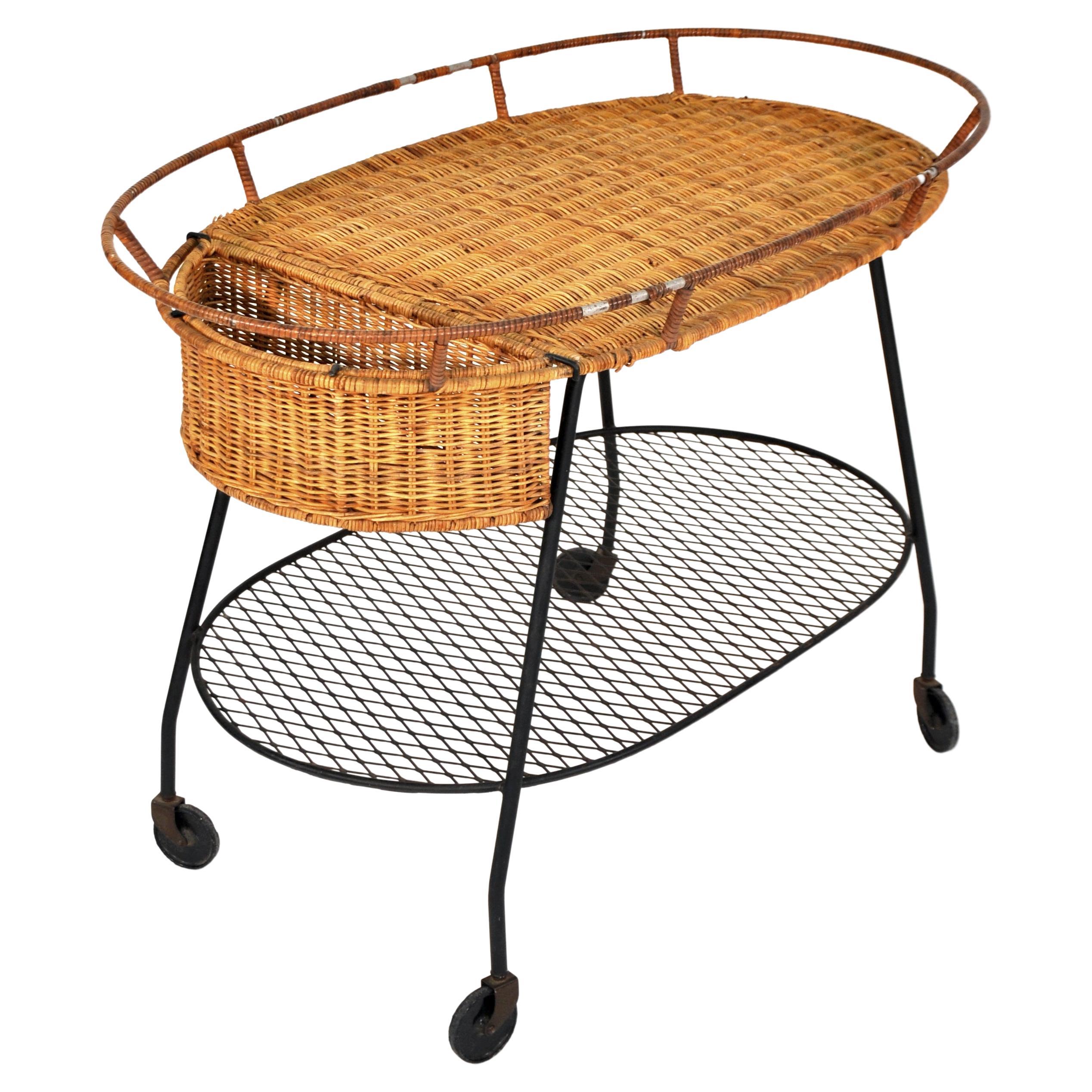 Rattan and Wrought Iron Rolling Bar Cart For Sale 2
