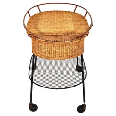 Rattan and Wrought Iron Rolling Bar Cart