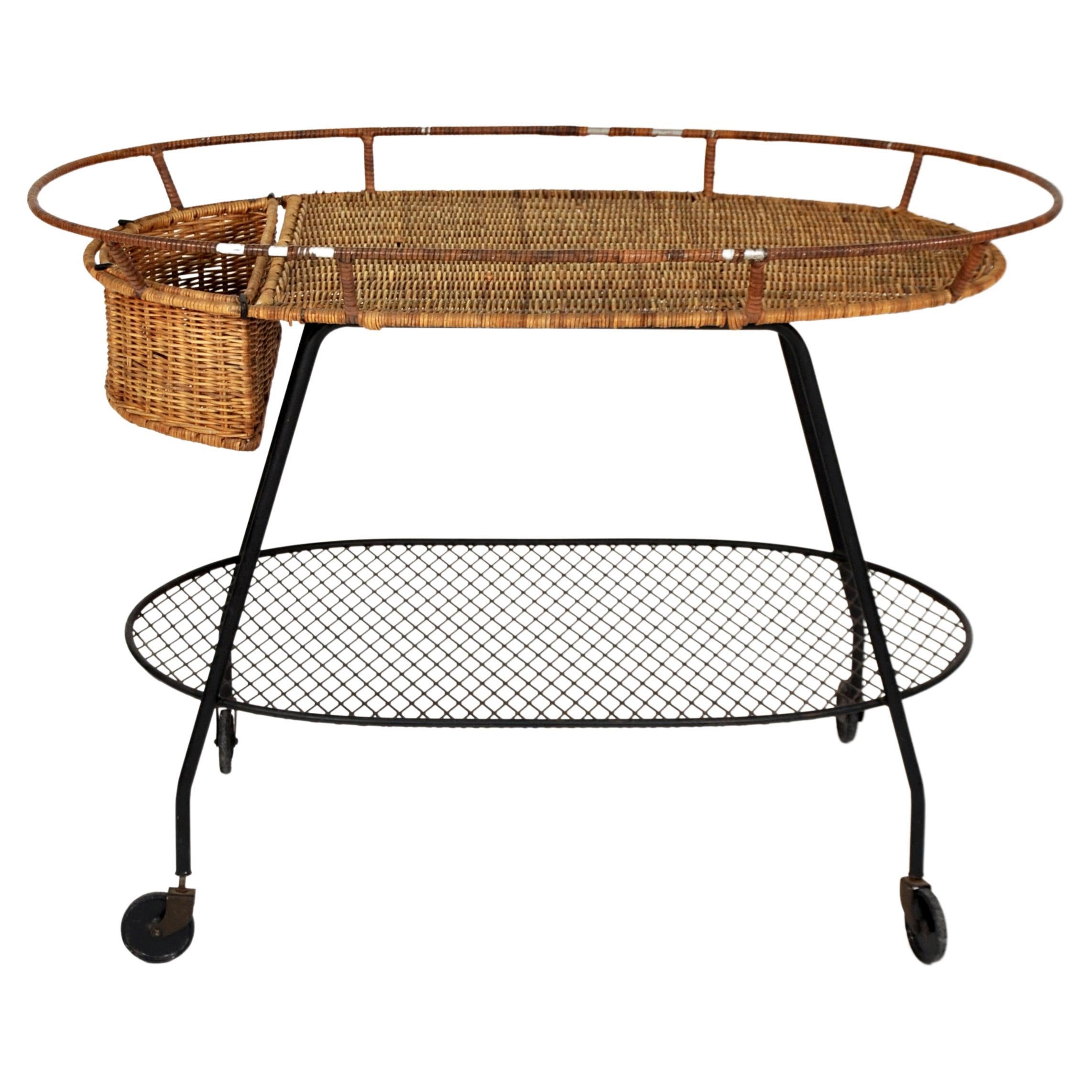 20th Century Rattan and Wrought Iron Rolling Bar Cart For Sale