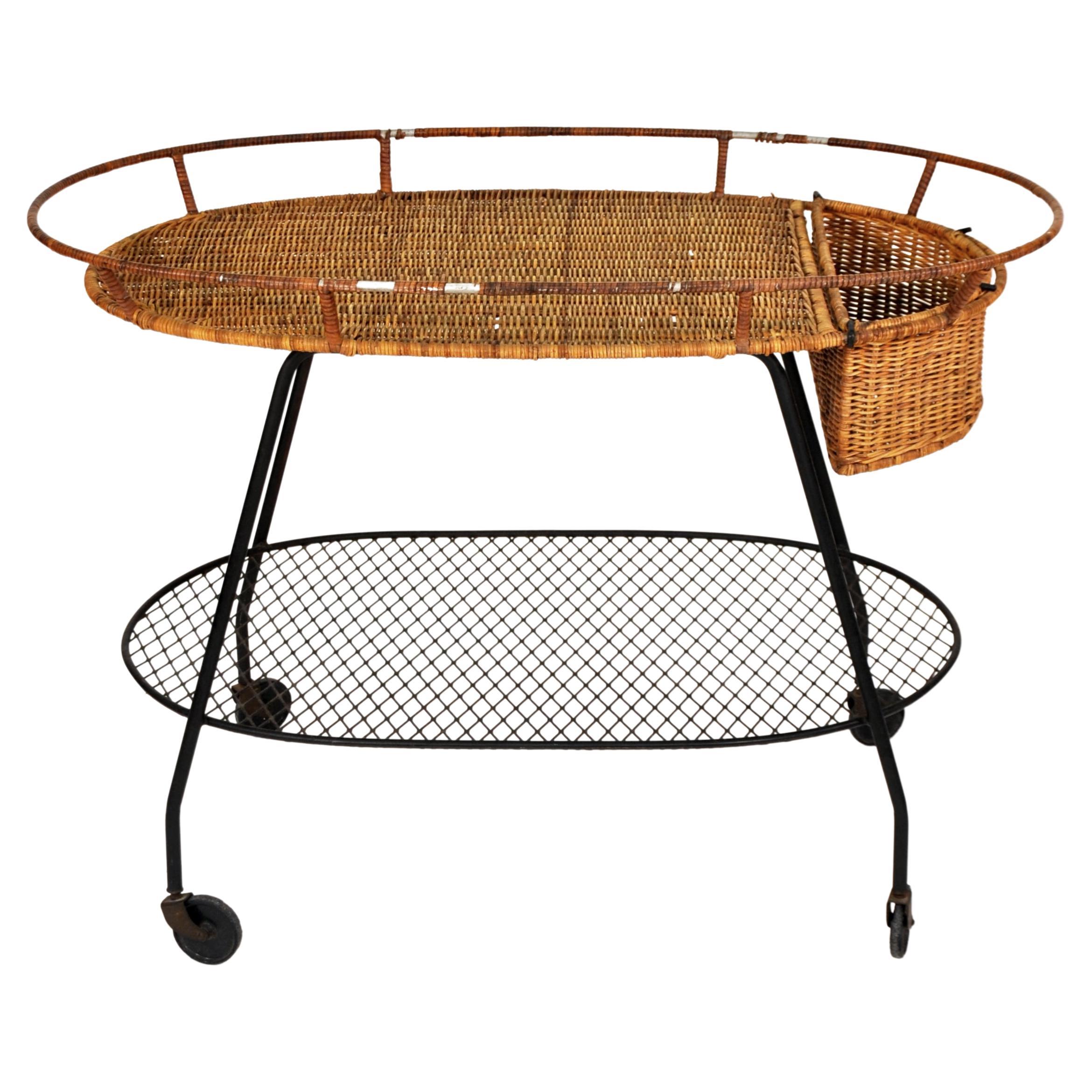 Rattan and Wrought Iron Rolling Bar Cart For Sale 1