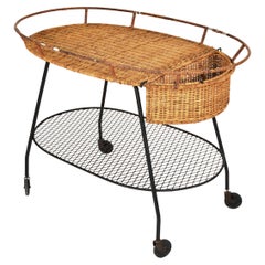 Rattan and Wrought Iron Rolling Bar Cart