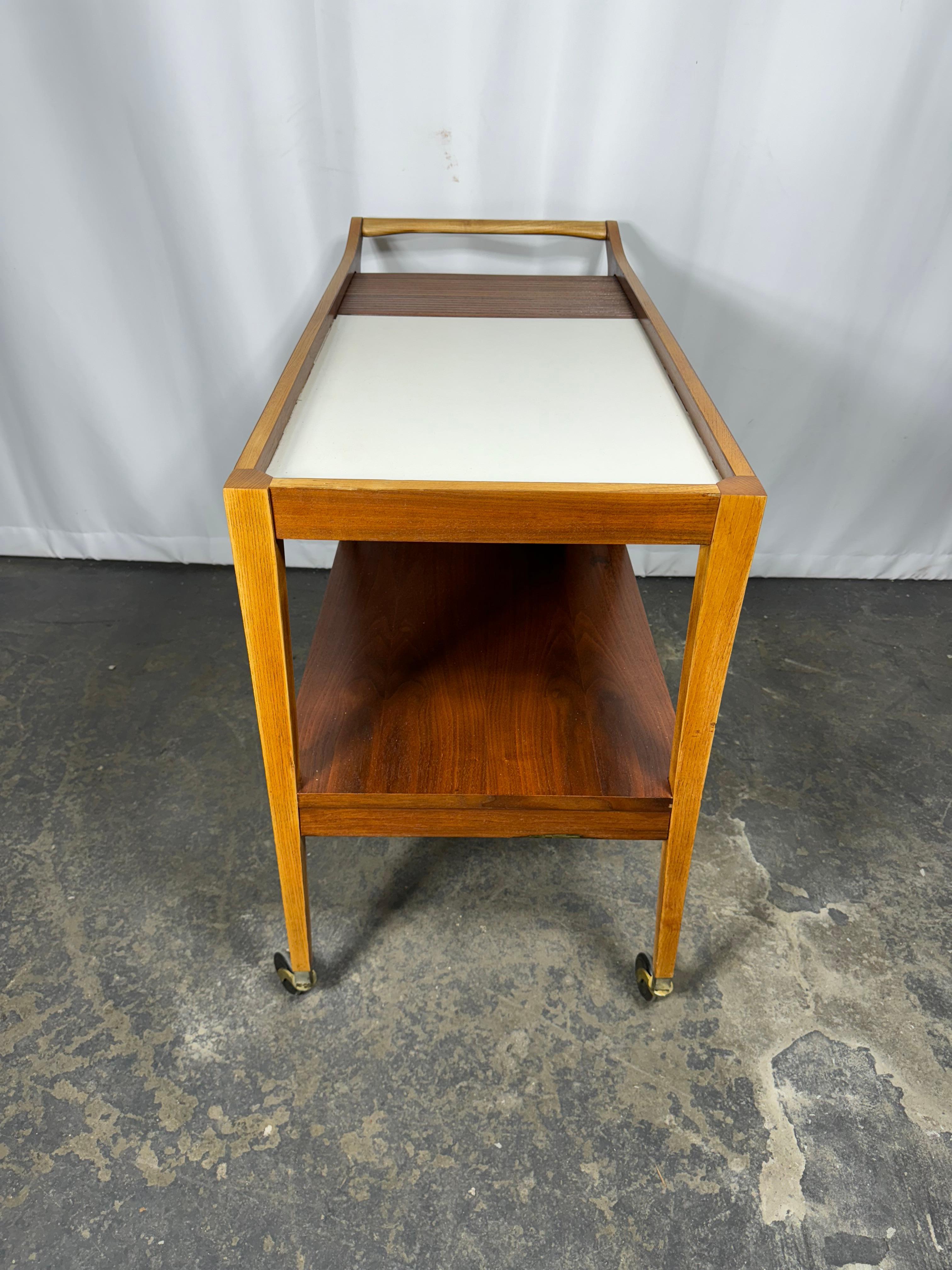 Mid-Century Modern Arthur Umanoff Rolling Server Bar Cart  . Walnut & Laminate with Tambour door