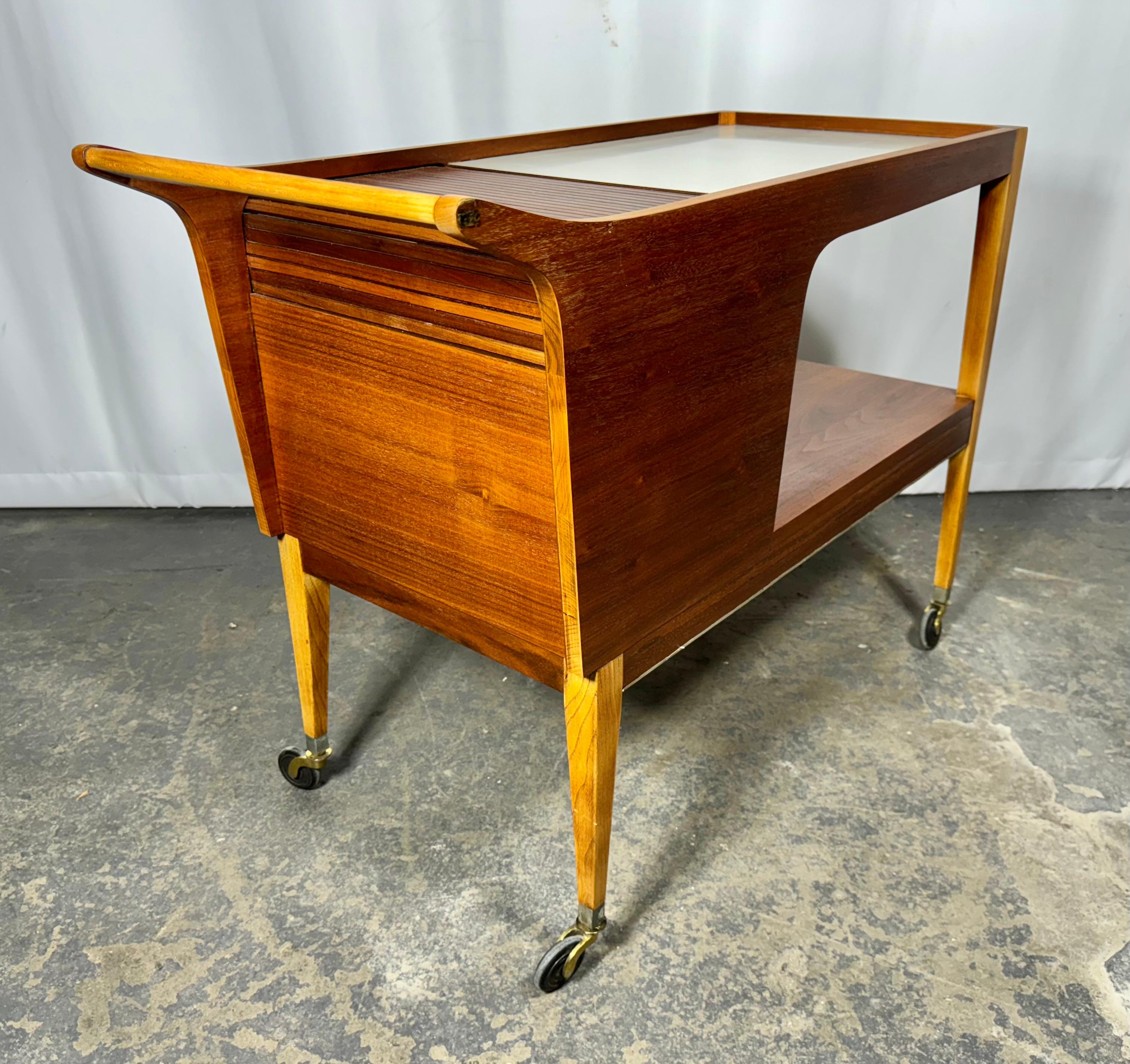 Arthur Umanoff Rolling Server Bar Cart  . Walnut & Laminate with Tambour door In Good Condition In Buffalo, NY