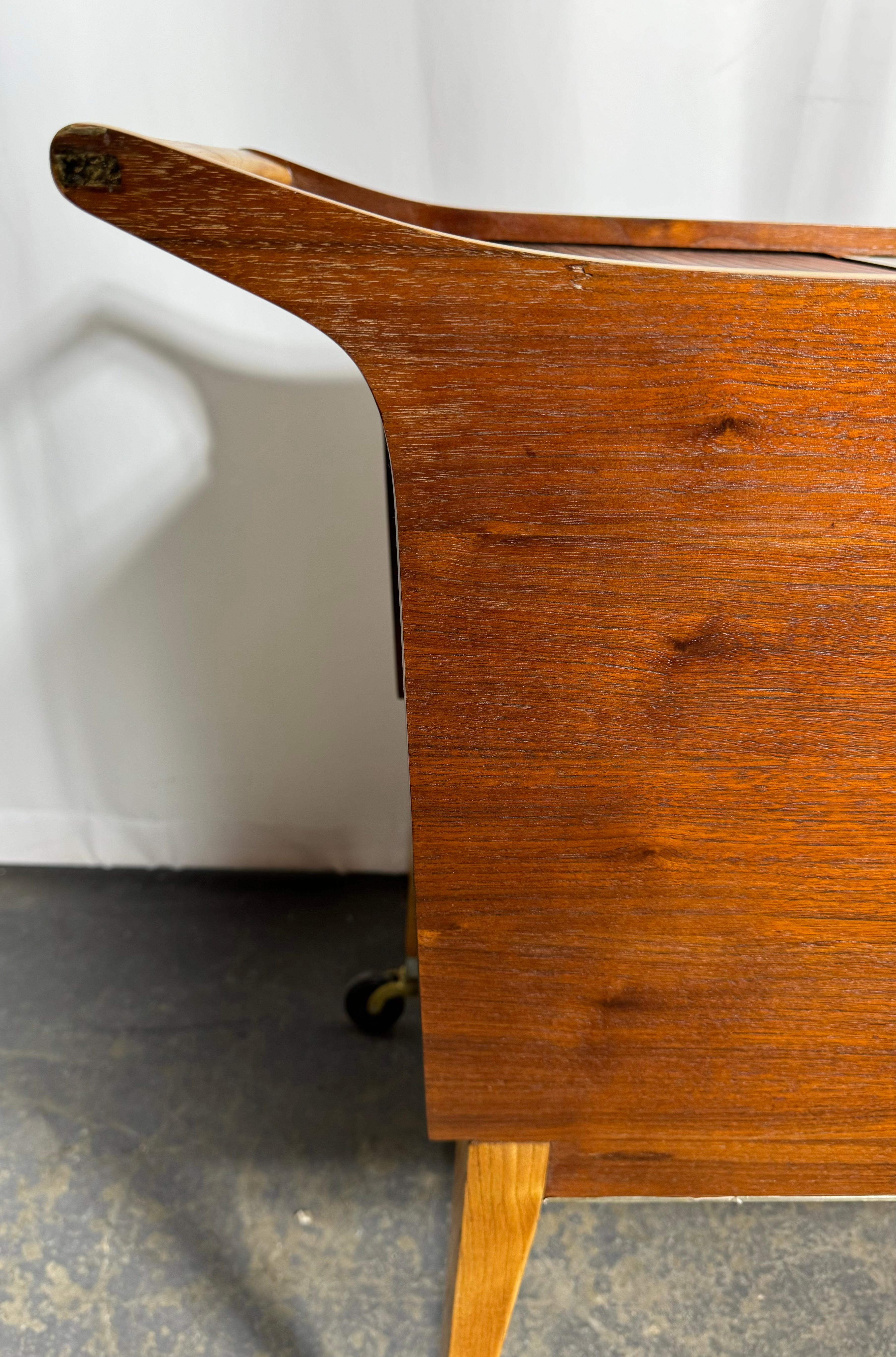 Mid-20th Century Arthur Umanoff Rolling Server Bar Cart  . Walnut & Laminate with Tambour door