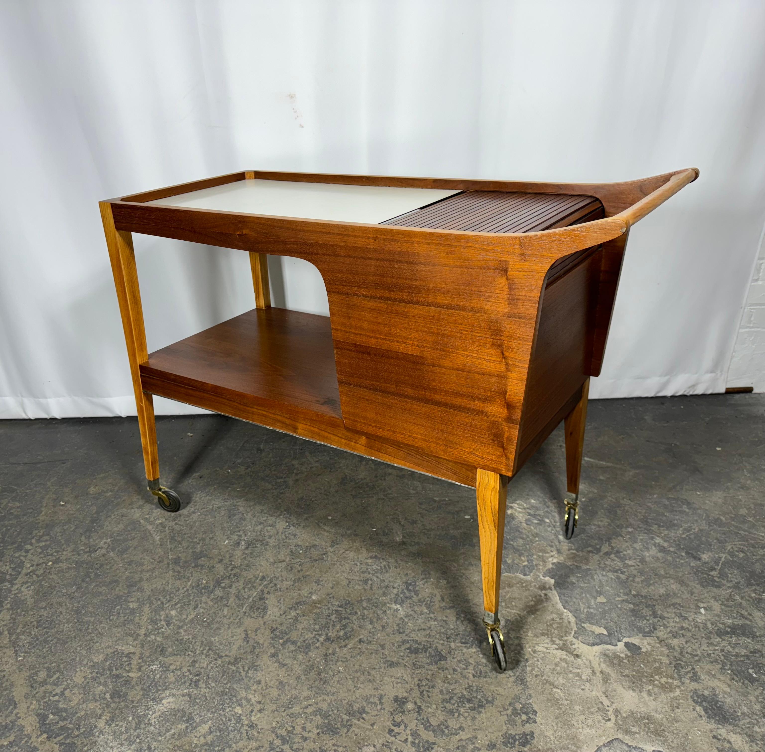Arthur Umanoff Rolling Server Bar Cart  . Walnut & Laminate with Tambour door 2
