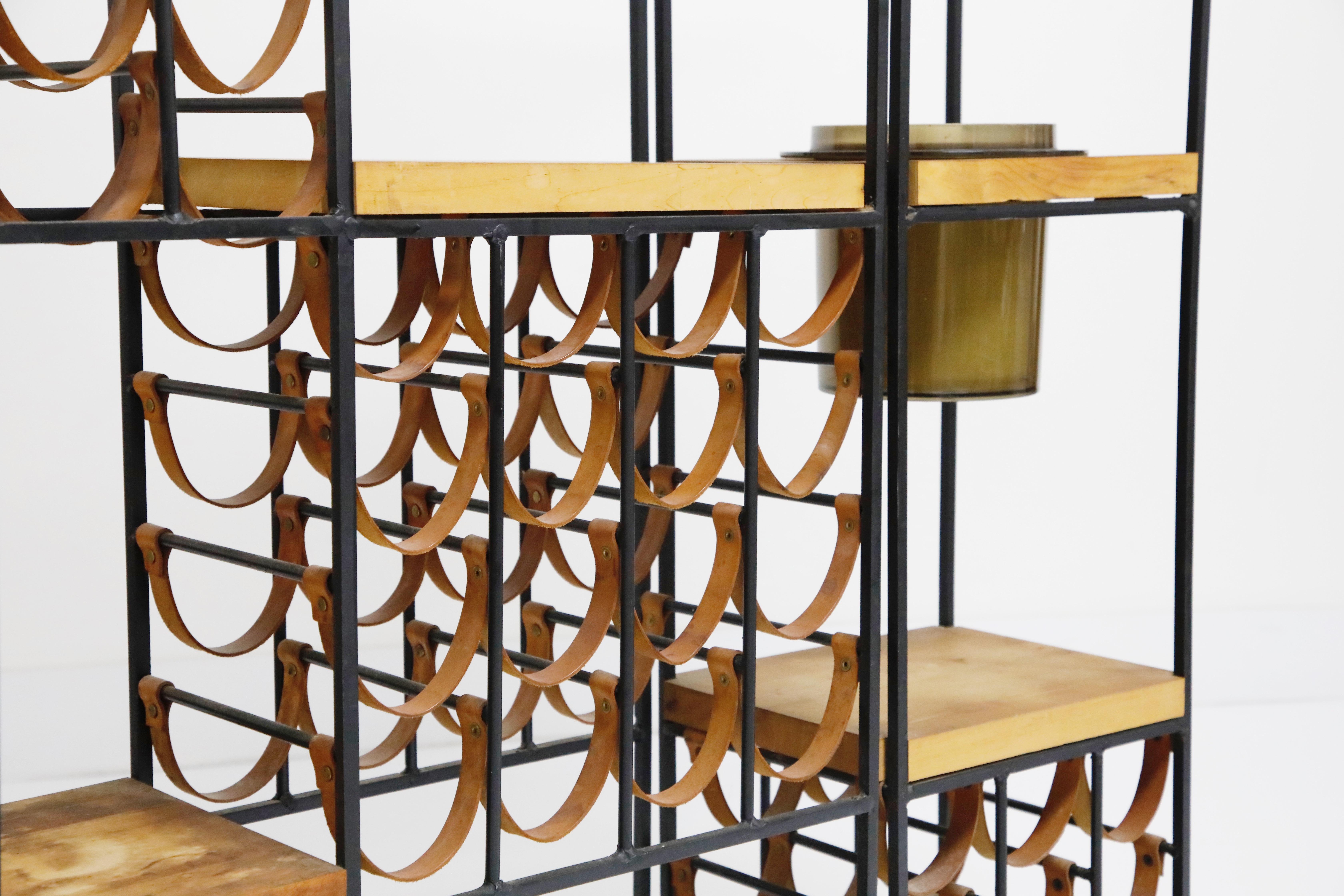 Mid-20th Century Arthur Umanoff Room Divider with Leather Wine Racks and Butcher Blocks, 1950s