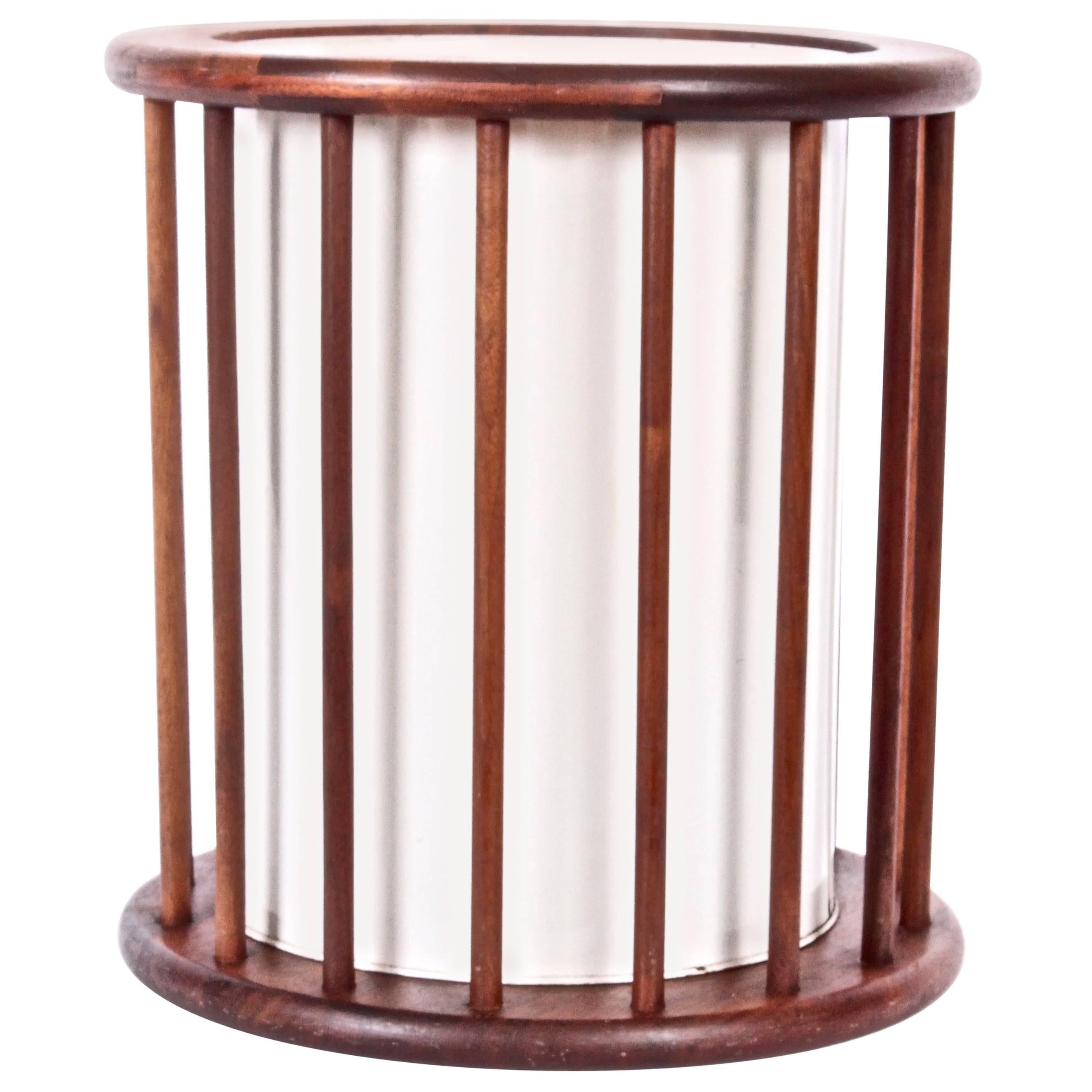 Arthur Umanoff Round Spindle Walnut Waste Basket, Circa 1960 For Sale