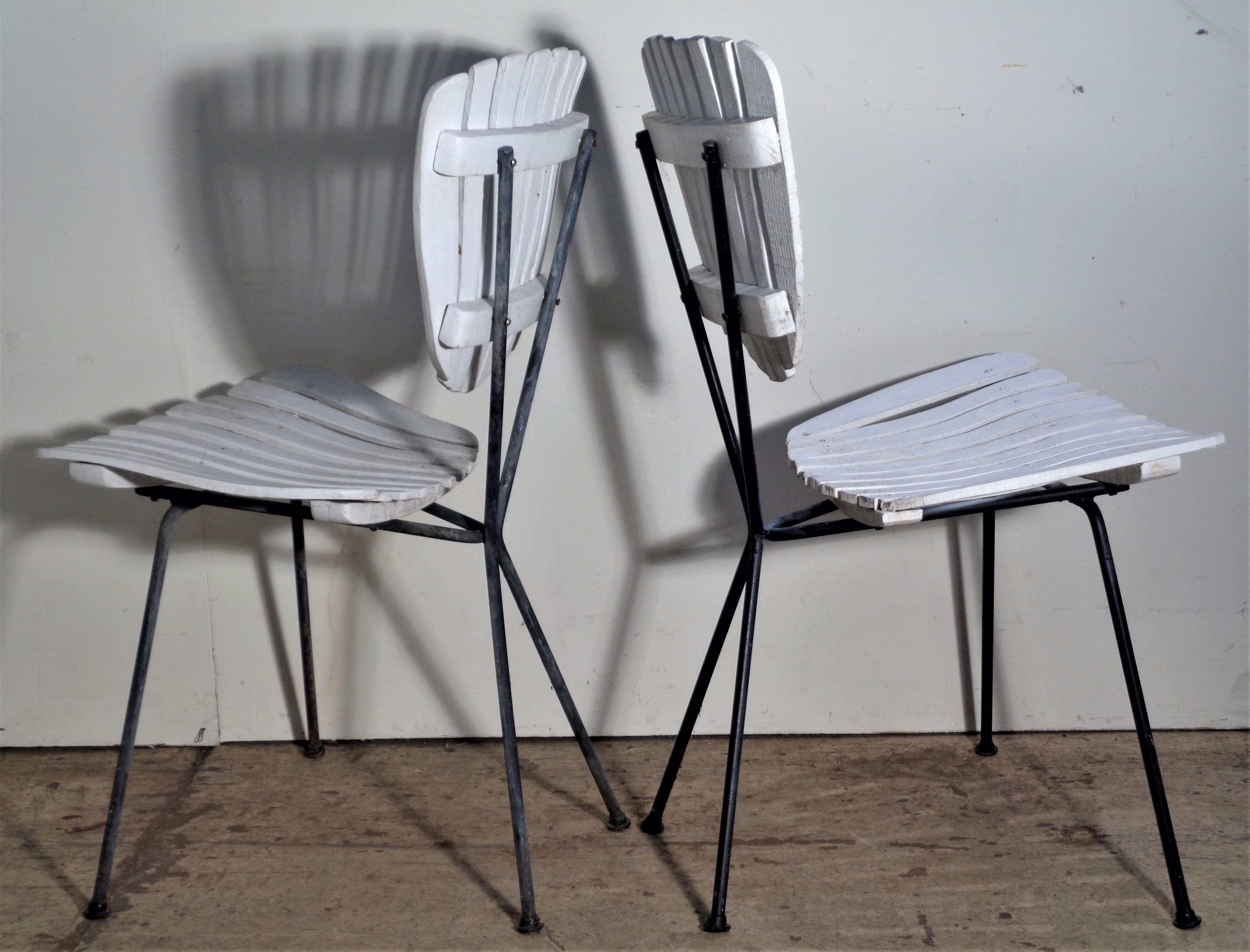 Wood Slat Sculptural Metal Frame Chairs Arthur Umanoff, Circa 1960  10