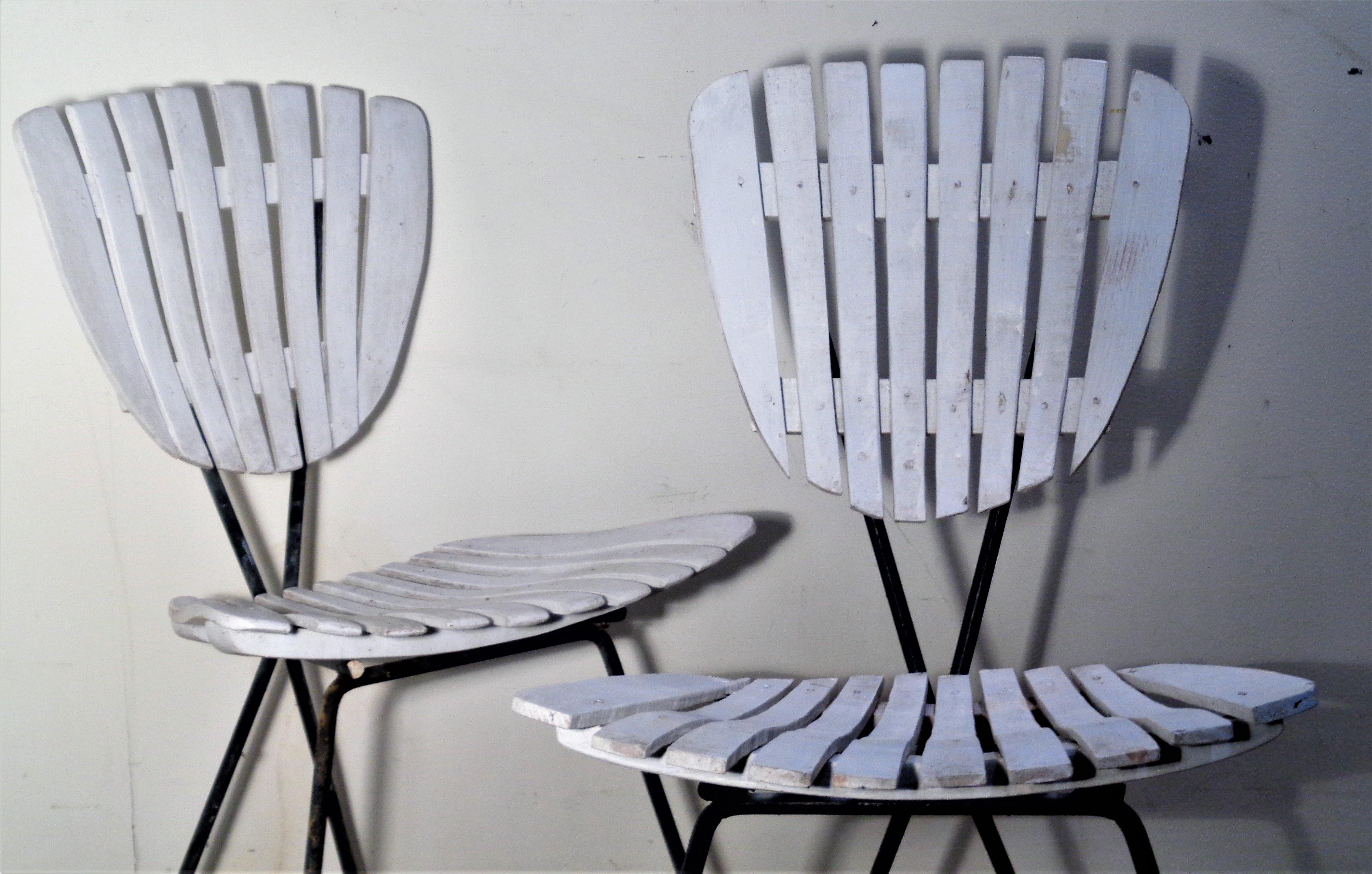 Wood Slat Sculptural Metal Frame Chairs Arthur Umanoff, Circa 1960  11