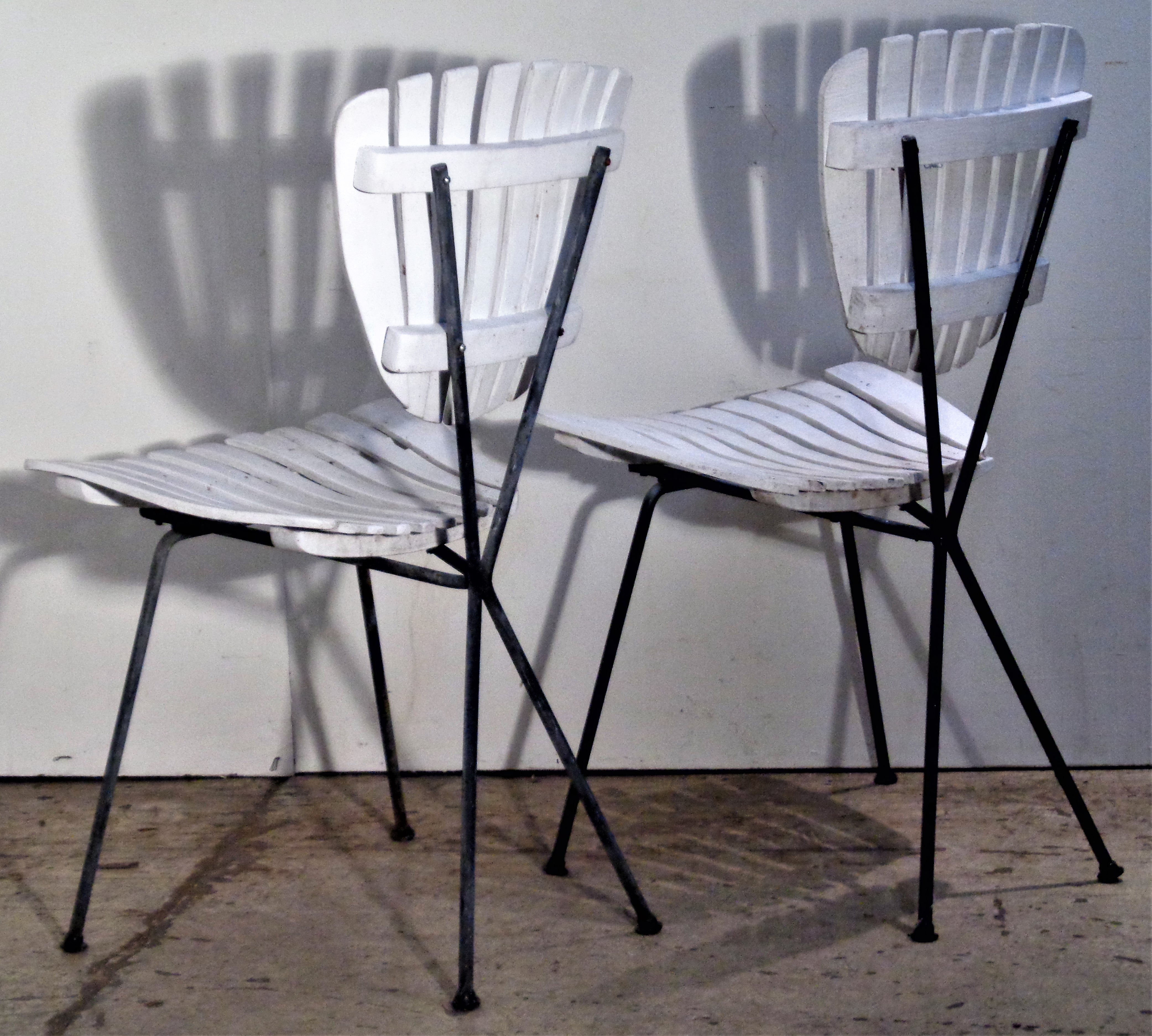 Mid-Century Modern Wood Slat Sculptural Metal Frame Chairs Arthur Umanoff, Circa 1960 