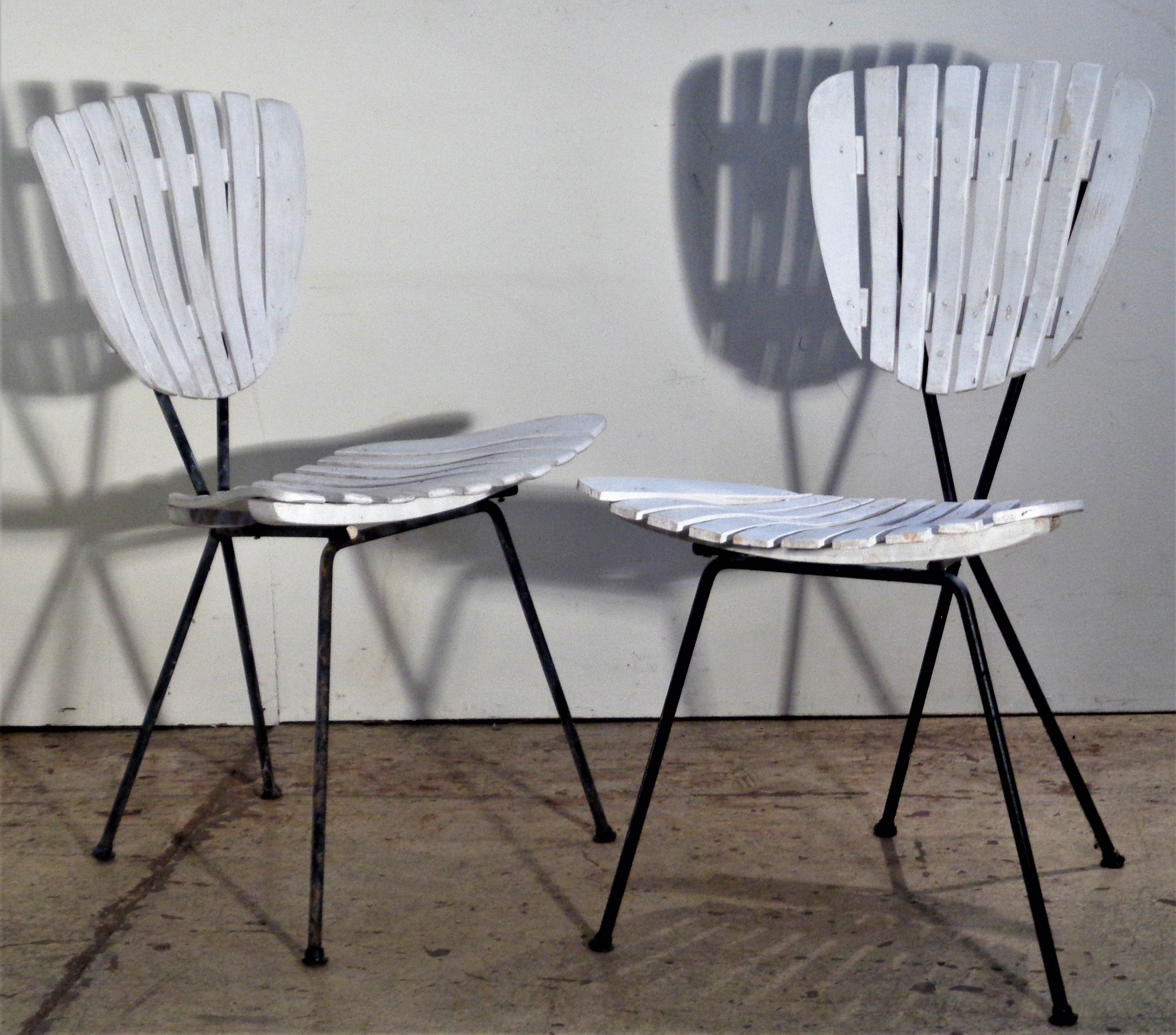 American Wood Slat Sculptural Metal Frame Chairs Arthur Umanoff, Circa 1960 