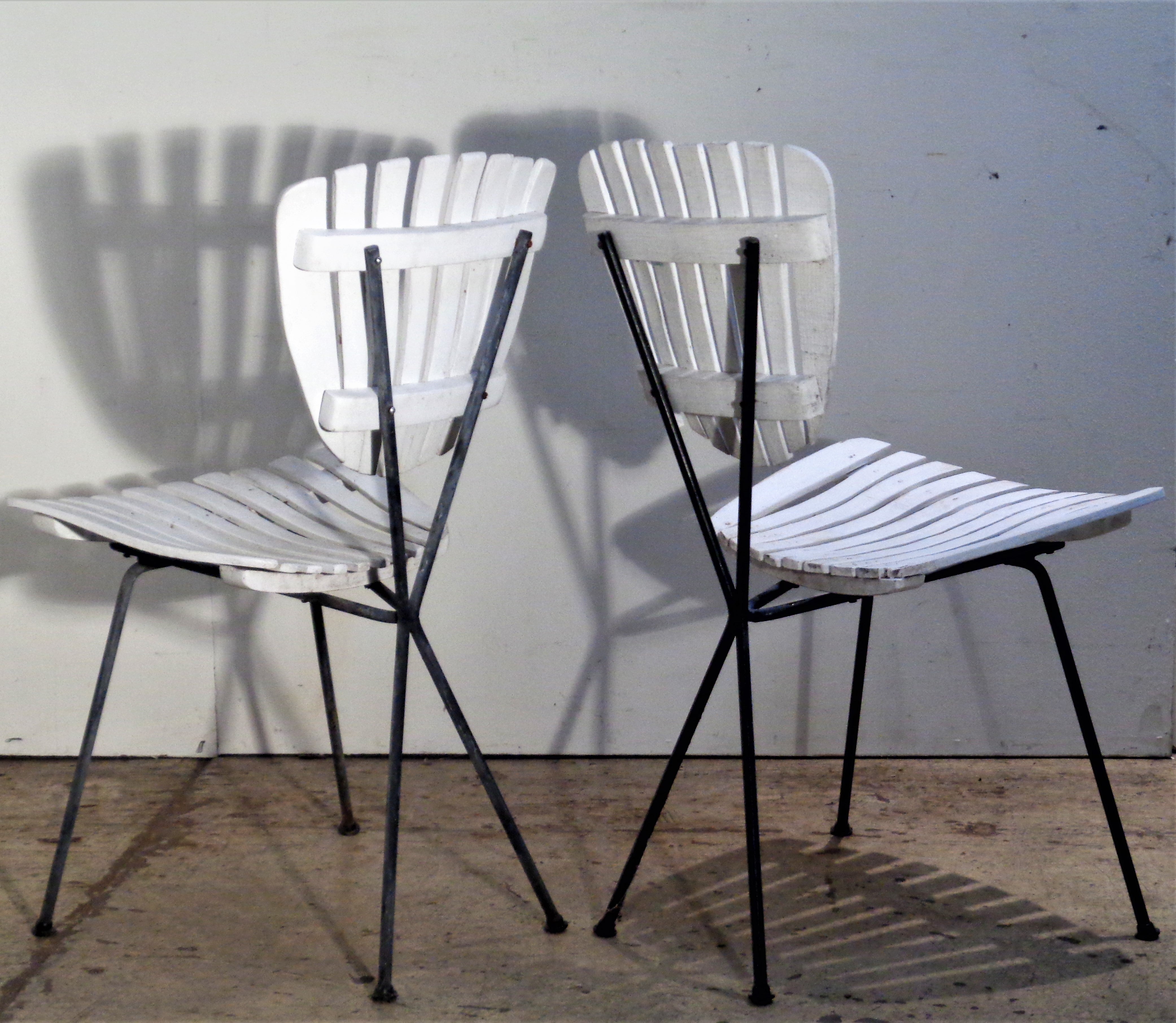 Blackened Wood Slat Sculptural Metal Frame Chairs Arthur Umanoff, Circa 1960 