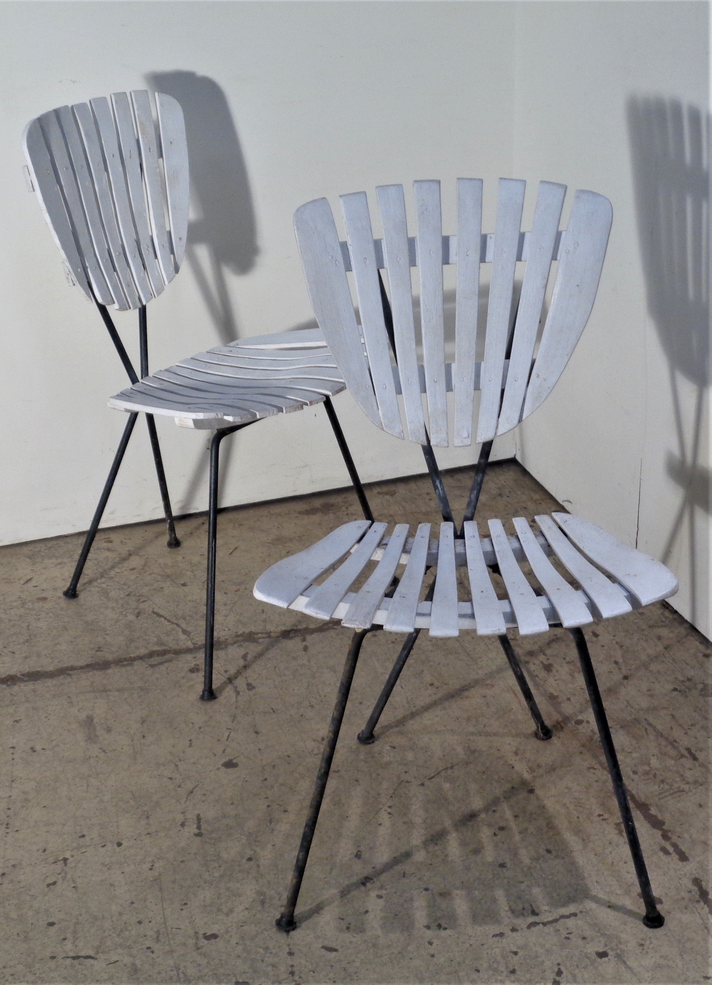 Wood Slat Sculptural Metal Frame Chairs Arthur Umanoff, Circa 1960  In Fair Condition In Rochester, NY