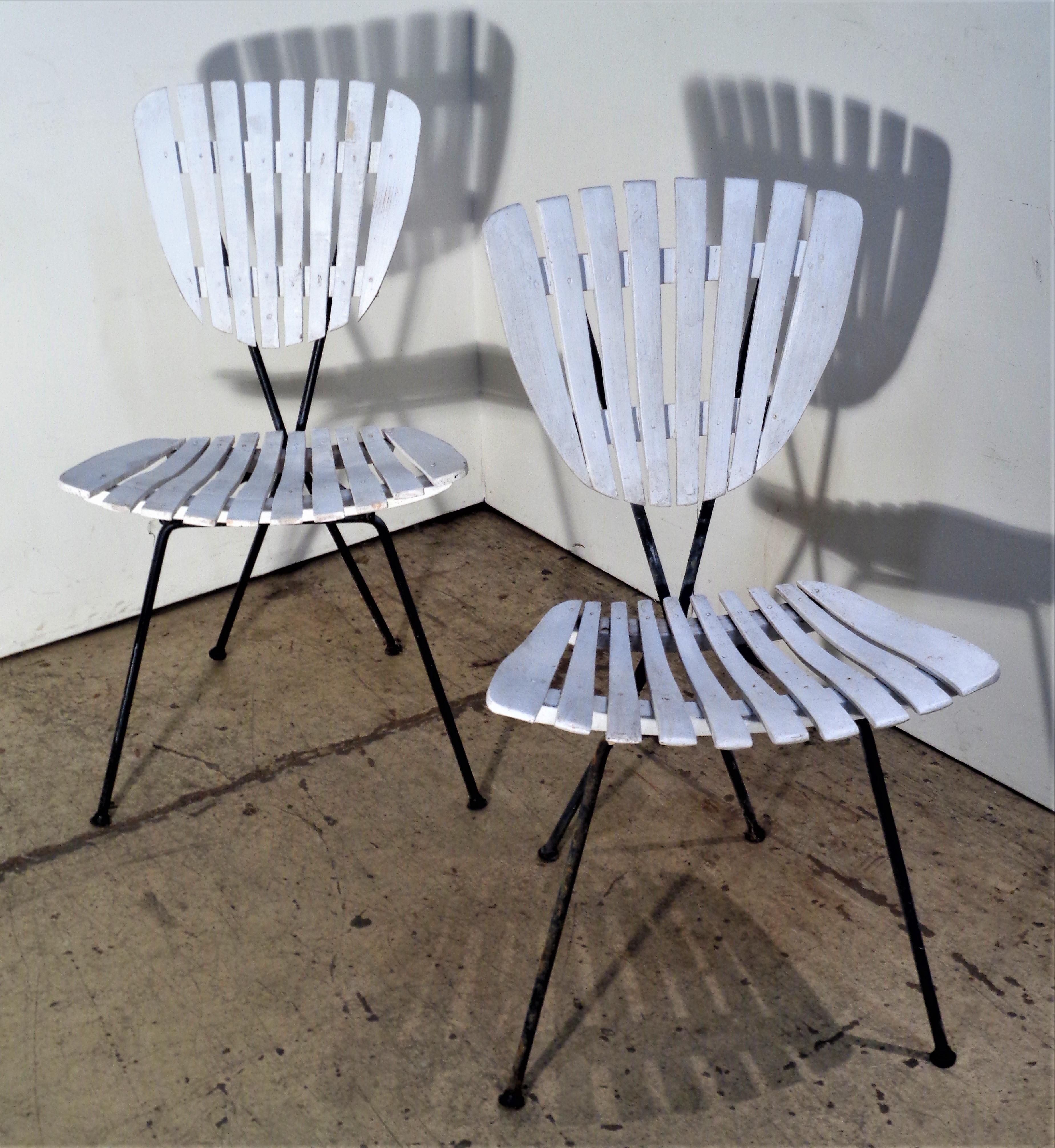 20th Century Wood Slat Sculptural Metal Frame Chairs Arthur Umanoff, Circa 1960 