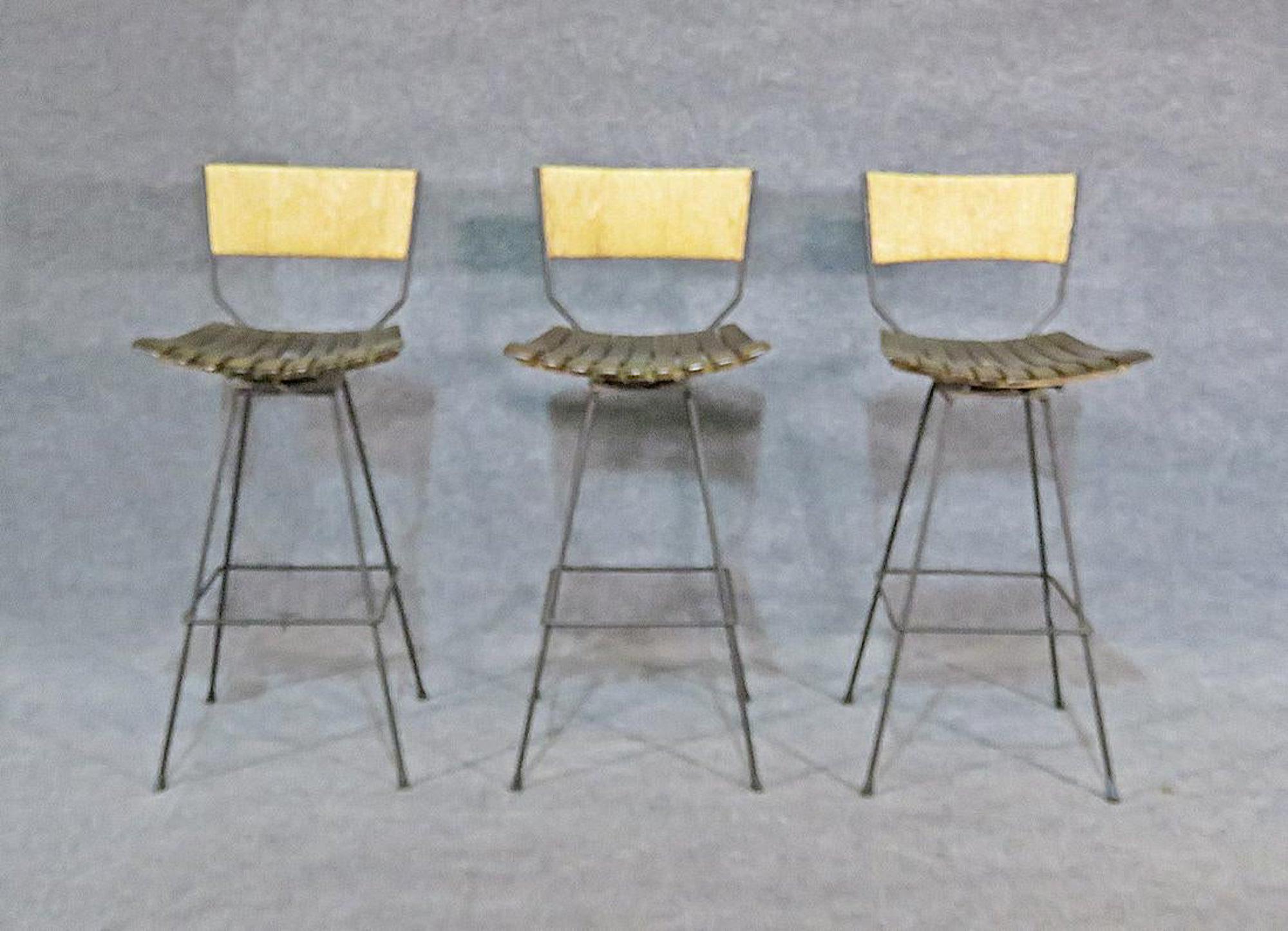 Mid-Century Modern slat stools with rush backs.
(Please confirm item location - NY or NJ - with dealer).
  